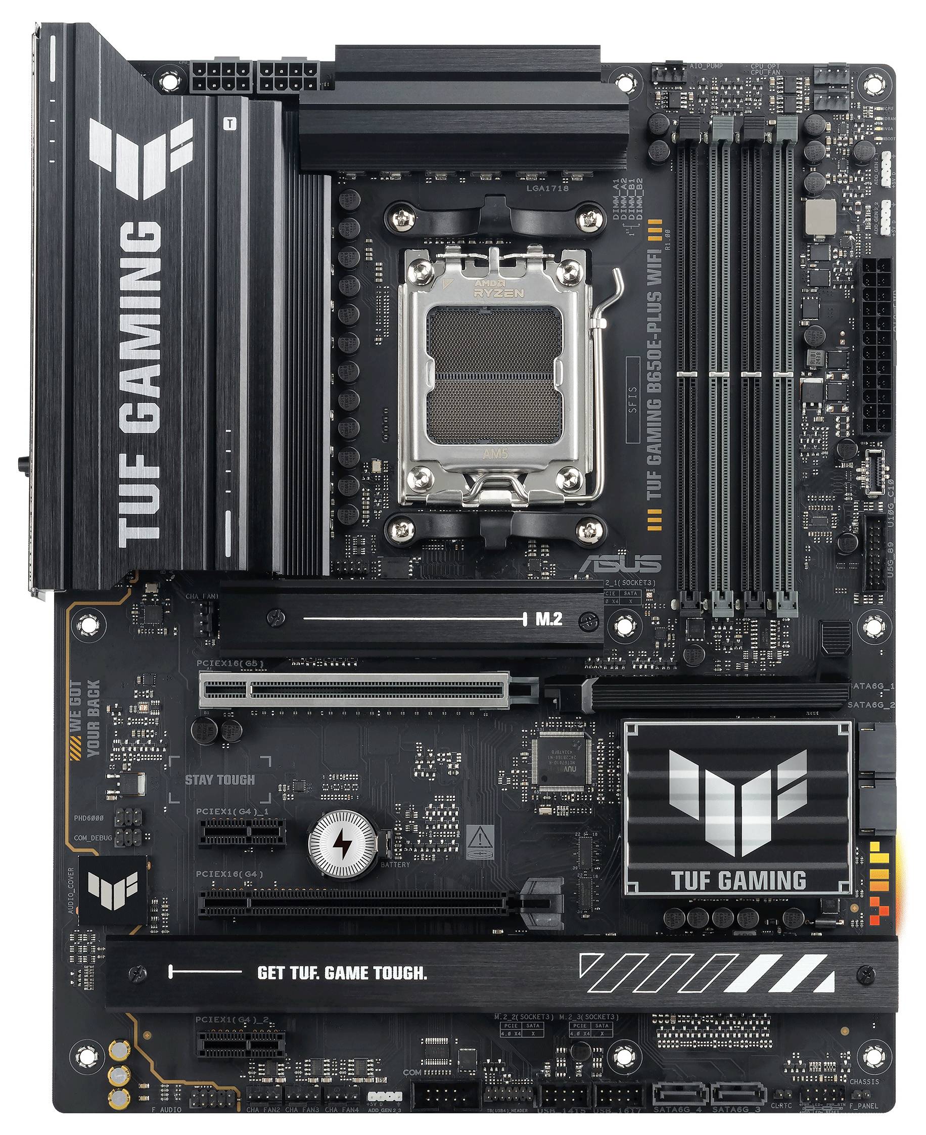 'ASUS TUF Gaming B560M-Plus WiFi Mainboard' mit PCIe-Steckplätzen, RAM-Slots und Kühllamellen. Geeignet für leistungsstarke Gaming-PCs.