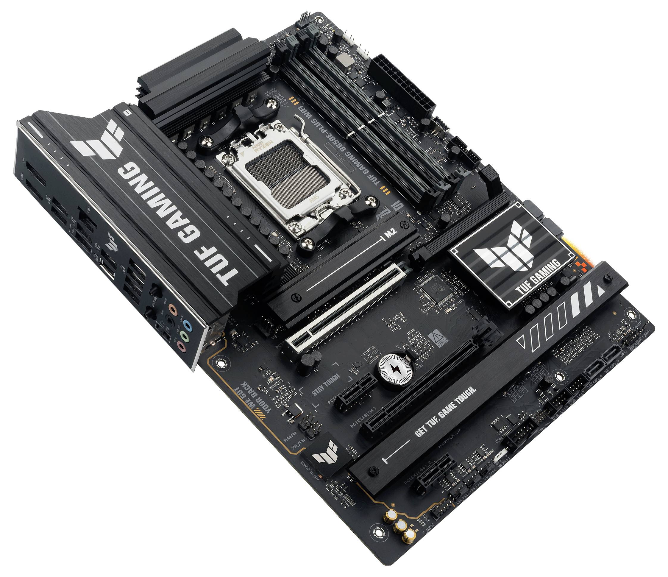 Motherboard mit TUF Gaming-Branding, zeigt Prozessorsteckplatz, PCIe-Steckplätze und RAM-Steckplätze; wichtig für PC-Bau.