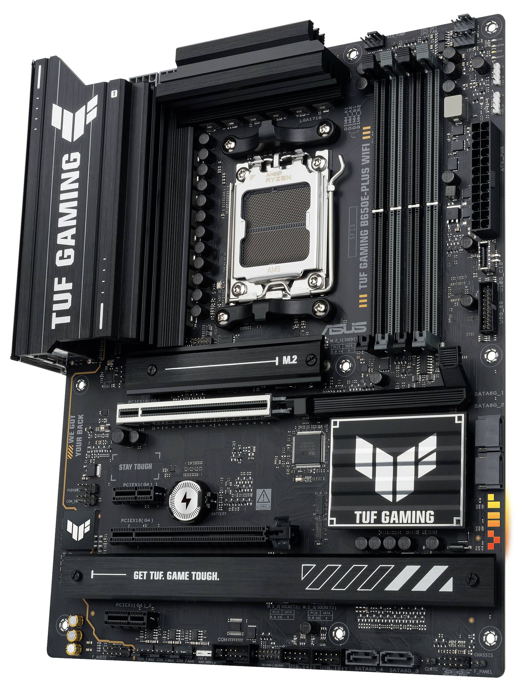 Computer-Motherboard mit 'TUF Gaming'-Branding, mehreren PCIe-Slots, RAM-Steckplätzen und einem großen CPU-Sockel in der Mitte.