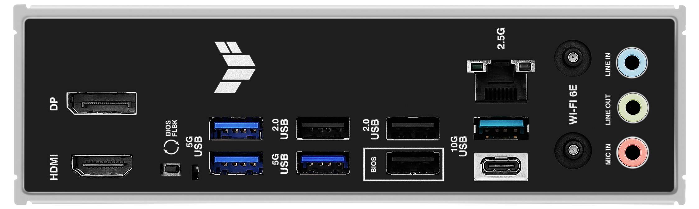 Rückseite eines Computer-Motherboards mit Anschlüssen: DP, HDMI, USB 3.0, USB 2.0, USB-C, Ethernet, Wi-Fi, Audio-Eingänge.