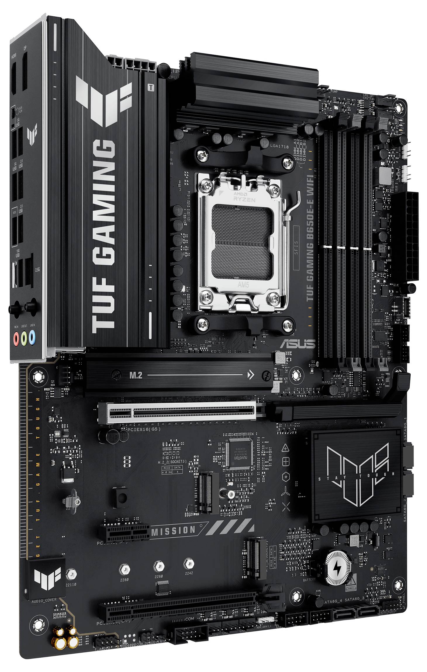 Ein schwarzes ASUS TUF GAMING Mainboard mit mehreren Steckplätzen und Anschlüssen, geeignet für leistungsstarke Computeranwendungen.