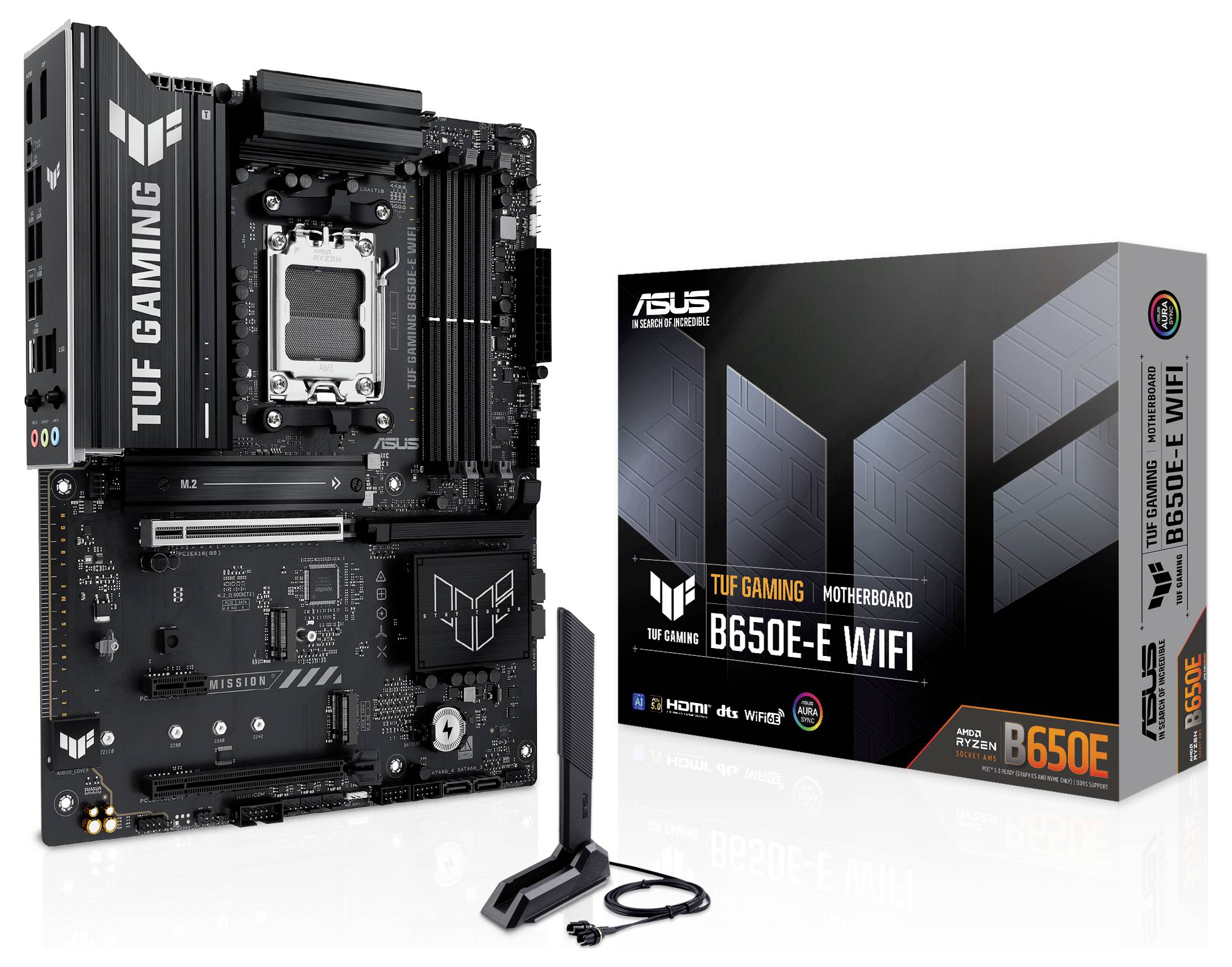 'ASUS TUF Gaming B650E-E WiFi Motherboard' neben der Produktverpackung, zeigt technischen Komponenten wie Steckplätze und Anschlüsse.