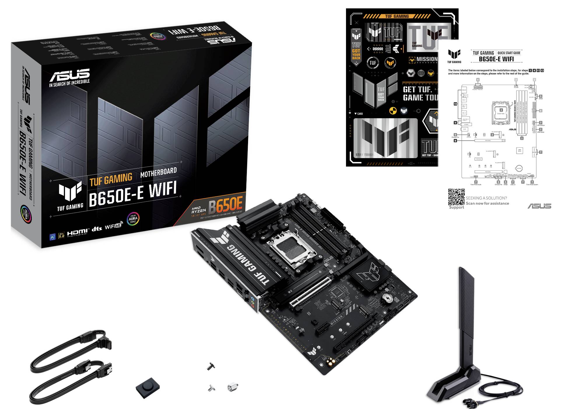 Asus TUF Gaming B650E-E WIFI Mainboard, abgebildet mit Verpackung, Antenne, Zubehör und Installationsanleitung, geeignet für Gamer.