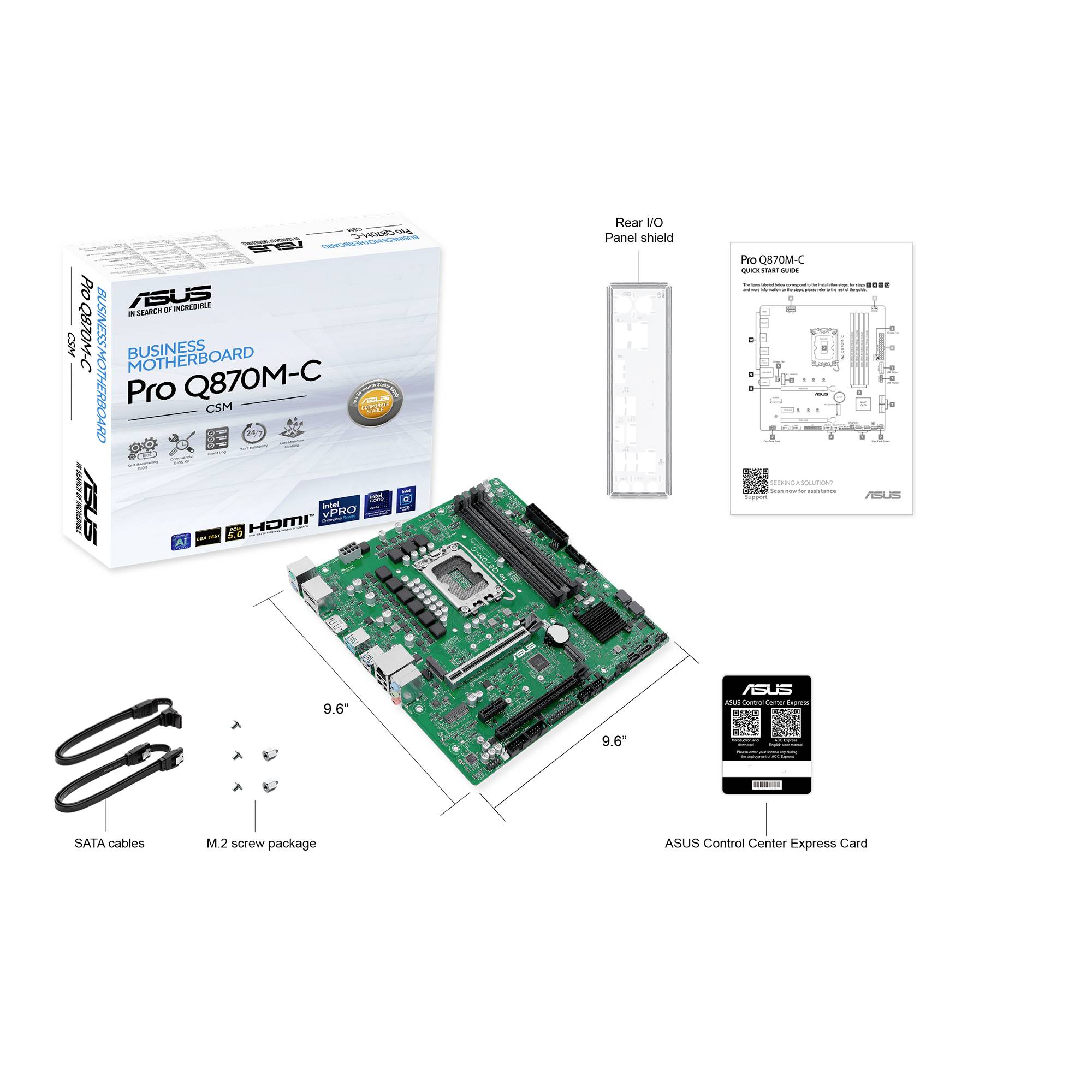 ASUS Pro Q870M-C-Motherboard mit Verpackung, Zubehör und Handbuch. Enthält SATA-Kabel, E/A-Abdeckung und Control Center Express Card.