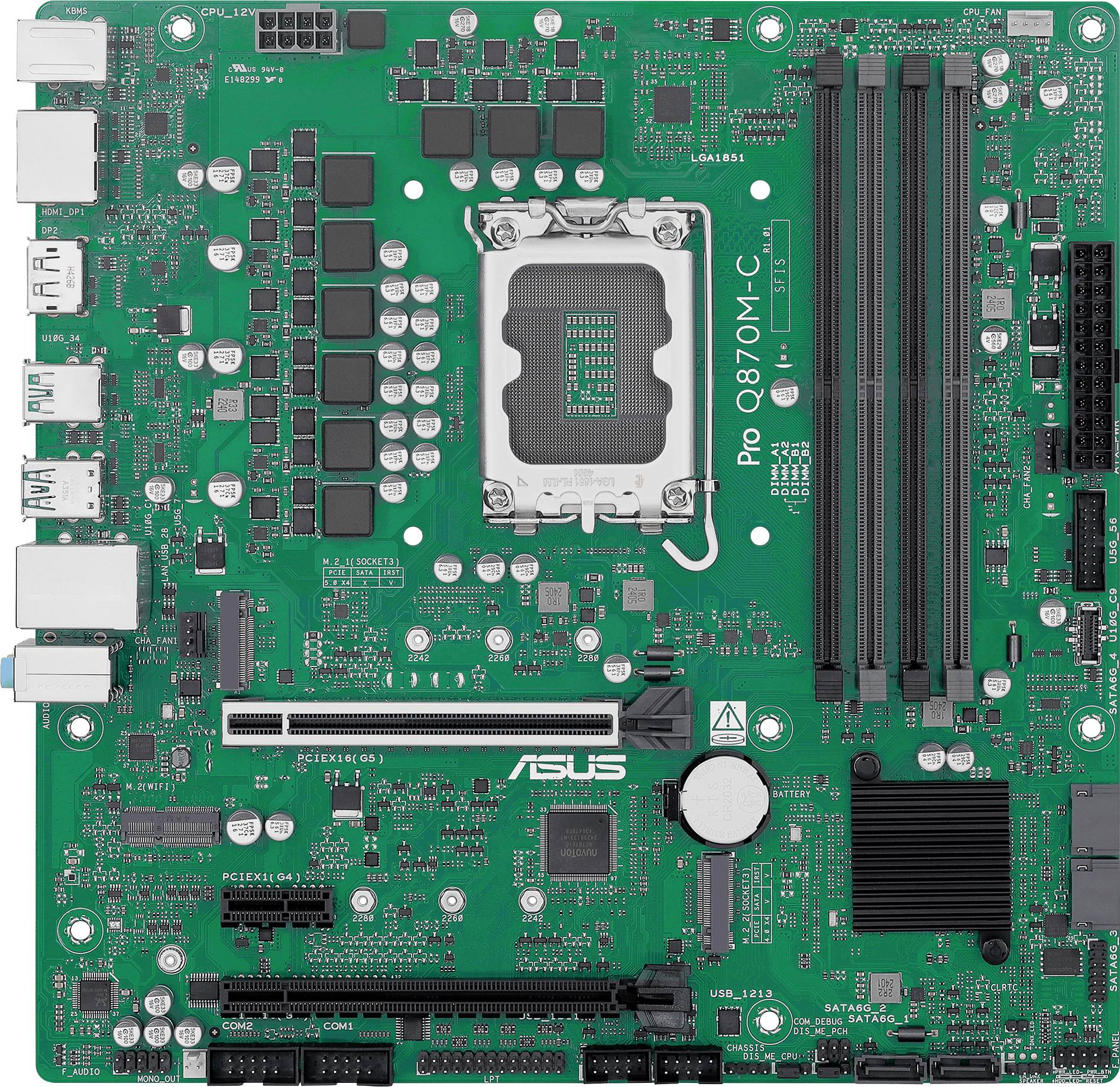 Grüne Hauptplatine mit verschiedenen Anschlüssen, Steckplätzen und Chips. Beschriftung 'ASUS Pro Q87M-C' sichtbar.