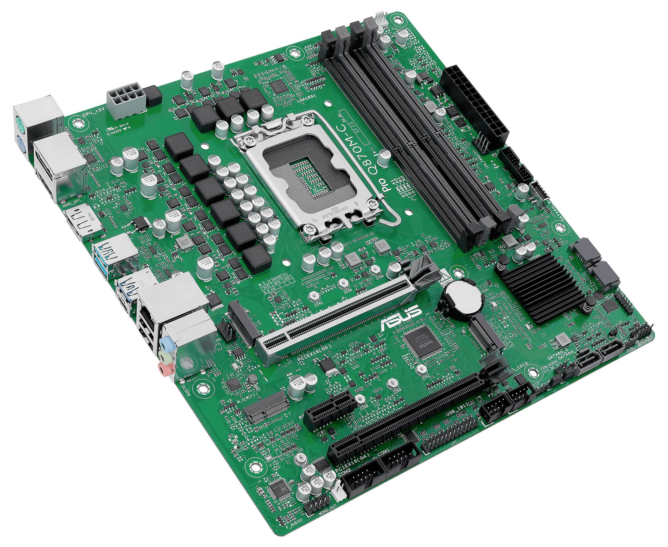 Eine grüne Computer-Mainboard-Platine mit verschiedenen Anschlüssen, Chips und einem CPU-Sockel in der Mitte.