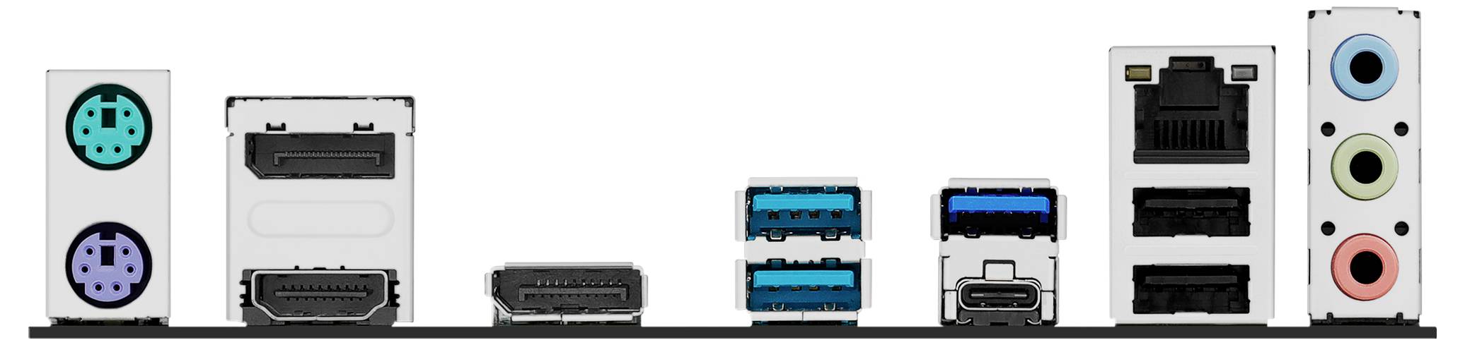 Rückseite eines Computers mit verschiedenen Anschlüssen: PS/2, HDMI, DisplayPort, USB-Ports, Ethernet und Audio-Buchsen.