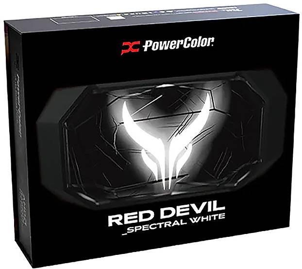 Eine schwarze Verpackung mit dem Schriftzug 'PowerColor' und einem leuchtenden Teufelskopf-Logo in der Mitte. Der Text 'Red Devil Spectral White' ist unten zu sehen.