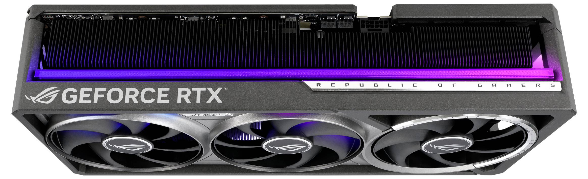 Grafikkarte mit drei Lüftern, LED-Beleuchtung und Aufschrift 'GEFORCE RTX' und 'REPUBLIC OF GAMERS'.