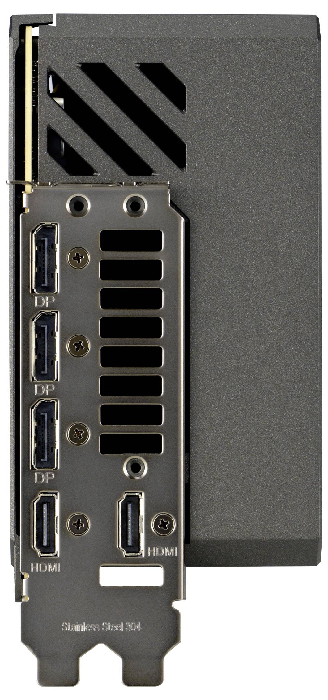 Eine Grafikkarten-Rückseite mit drei DisplayPort- und zwei HDMI-Anschlüssen. Oben gibt es ein Belüftungsgitter.
