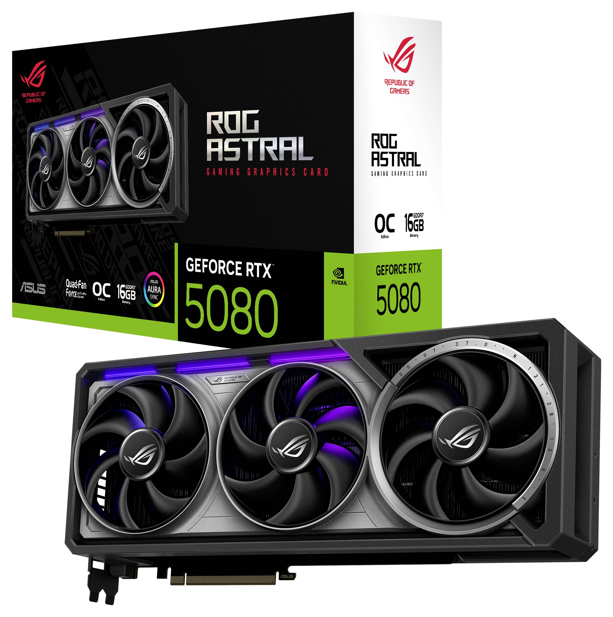 Die Abbildung zeigt eine ASUS ROG ASTRAL GeForce RTX 5080 Grafikkarte mit Verpackung. Die Karte hat drei Lüfter und 16GB Speicher.