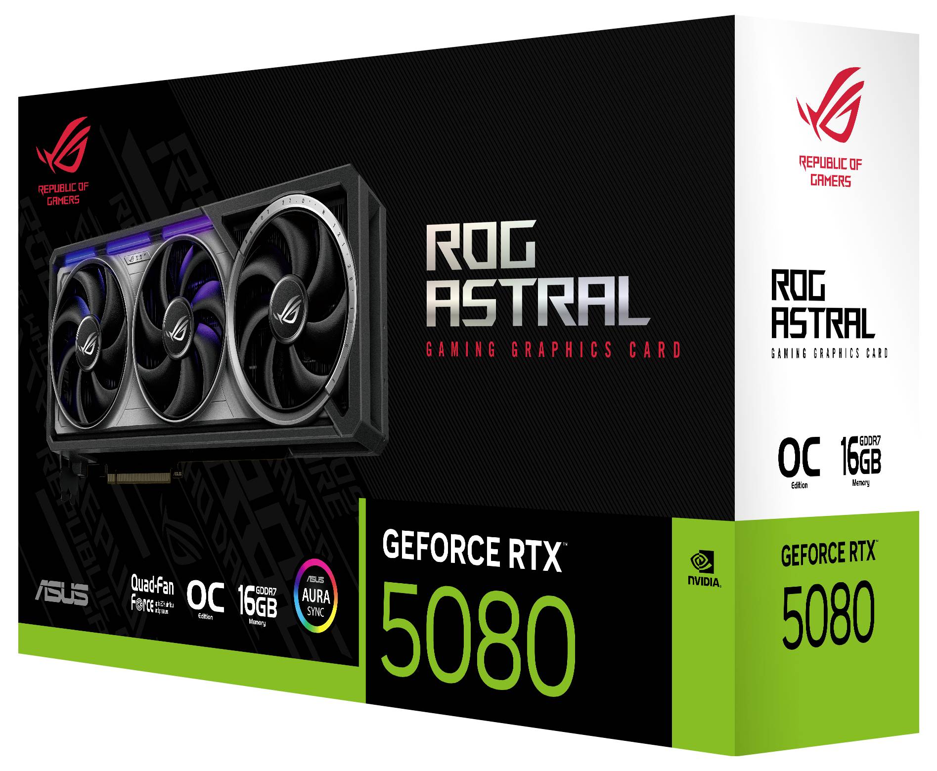 Grafikkartenverpackung mit der Aufschrift 'ROG Astral Gaming Graphics Card'. Enthält NVIDIA GeForce RTX 5080, 16GB, OC Edition.