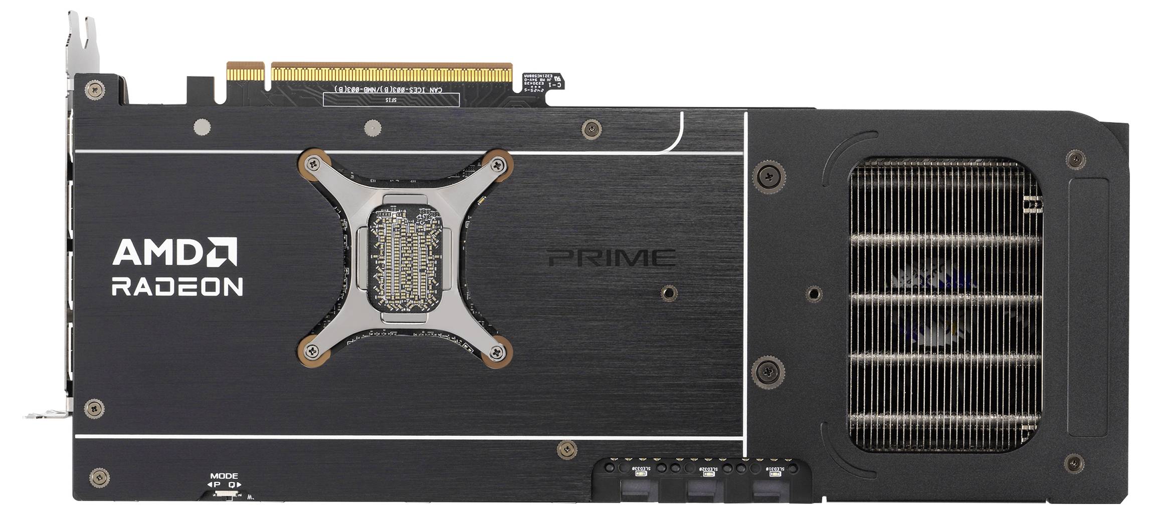 Grafikkarte in schwarz mit 'AMD RADEON'-Aufschrift. Sichtbare Lüftungsschlitze. Entwickelt für Hochleistungsgrafikverarbeitung.