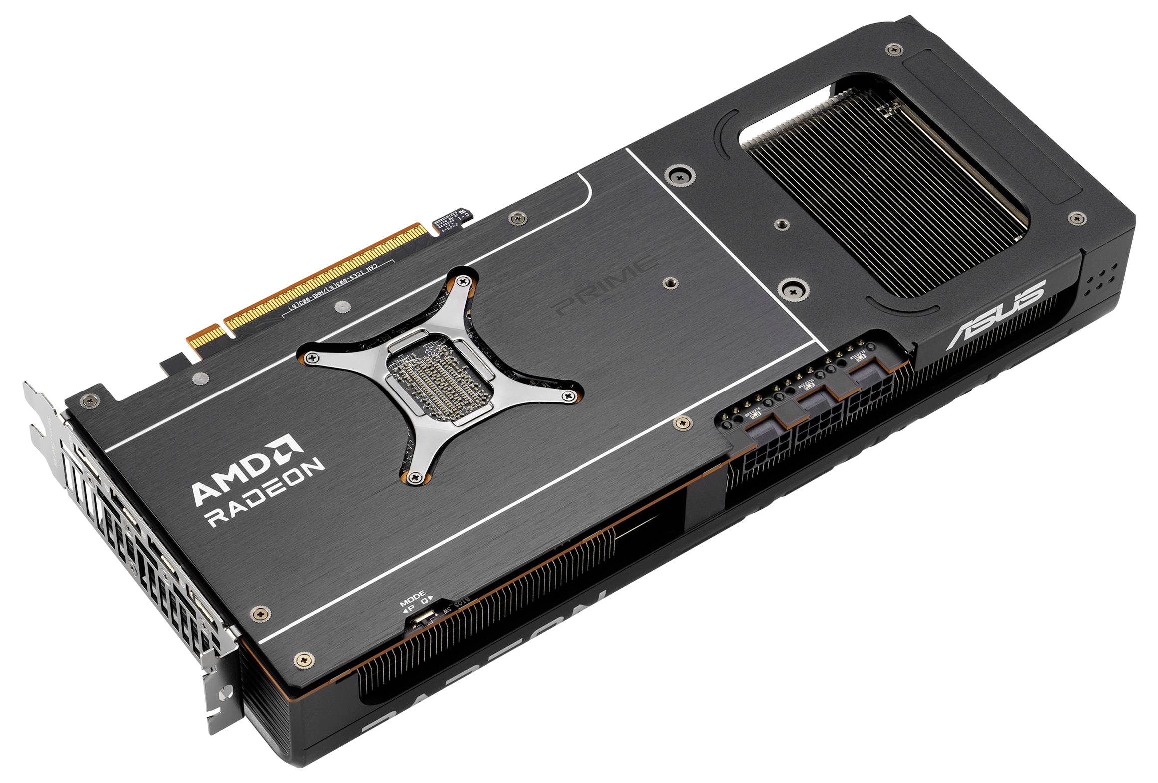 Eine AMD Radeon-Grafikkarte von ASUS, seitlich dargestellt, zeigt Lüfteröffnungen und Anschlussbereiche auf der Rückseite.