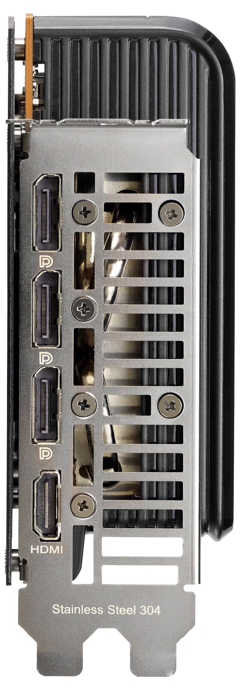 Rückansicht einer Grafikkarte mit mehreren Anschlüssen: drei DisplayPorts, ein HDMI-Anschluss. Struktur aus Edelstahl.