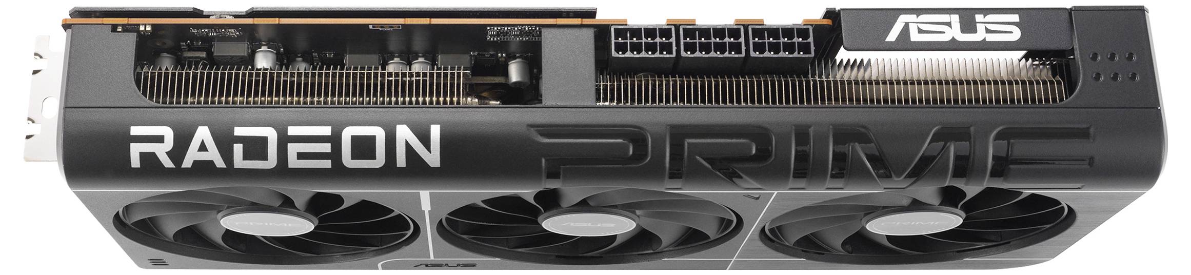 Grafikkarte mit drei Lüftern und der Aufschrift 'Radeon Prime' und 'ASUS', mit sichtbaren Stromanschlüssen und Kühllamellen.