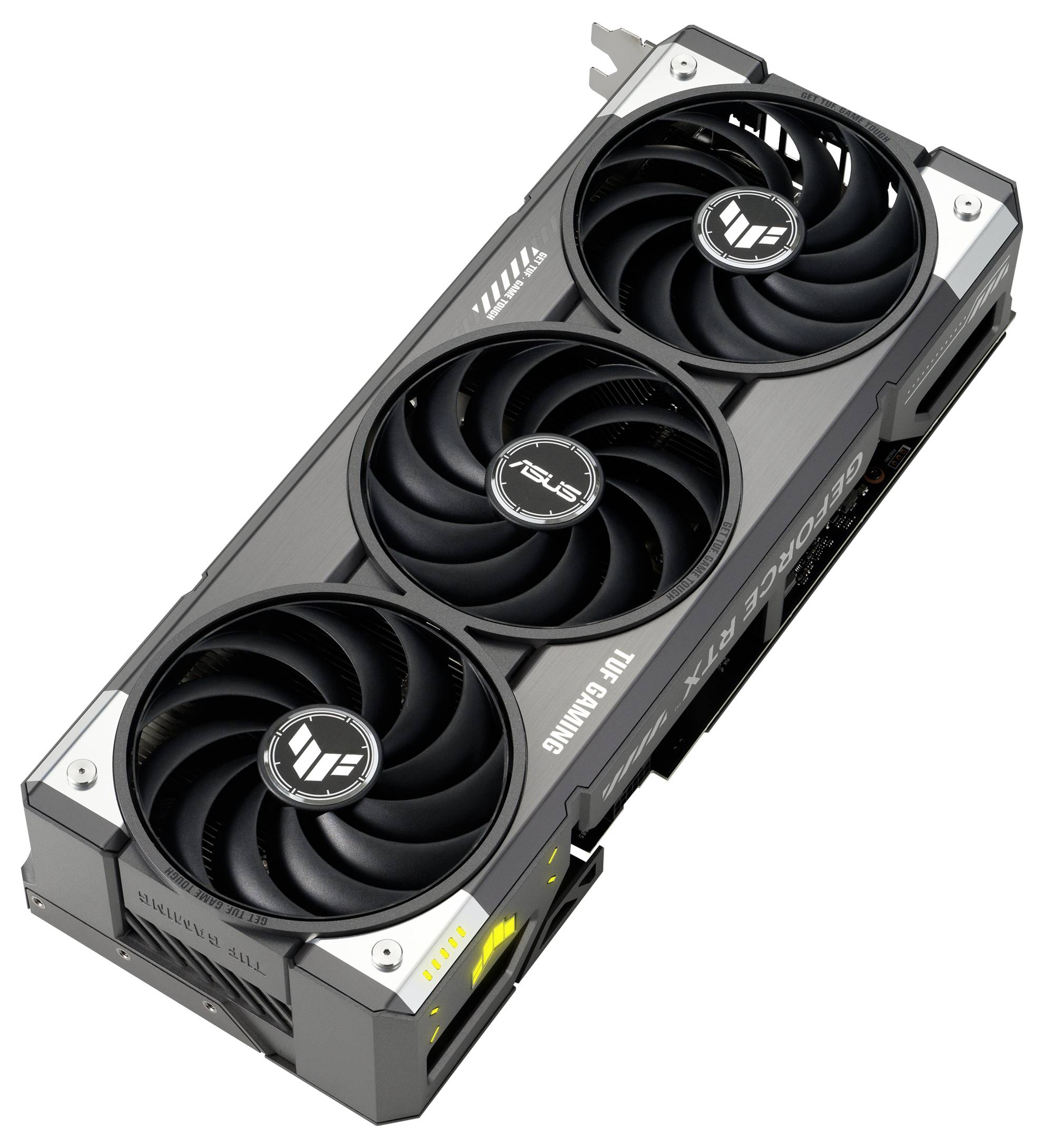 Eine schwarze Grafikkarte mit drei Lüftern und dem Logo einer Computerhardware-Marke, geeignet für leistungsstarke Gaming-Anwendungen.