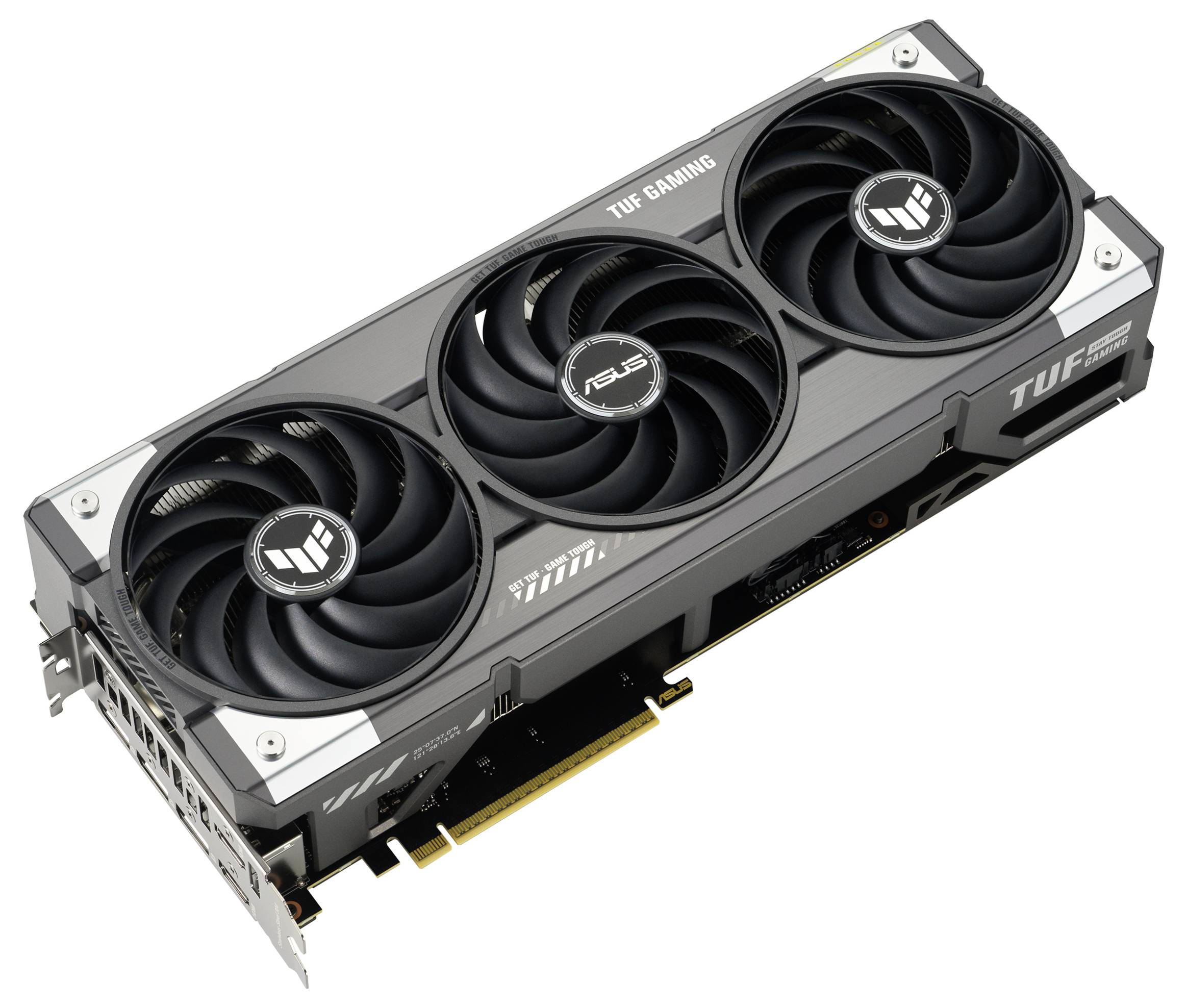Grafikkarte mit drei Lüftern von ASUS, Modell TUF Gaming, zeigt einen robusten und leistungsstarken Aufbau für Gaming-Anwendungen.