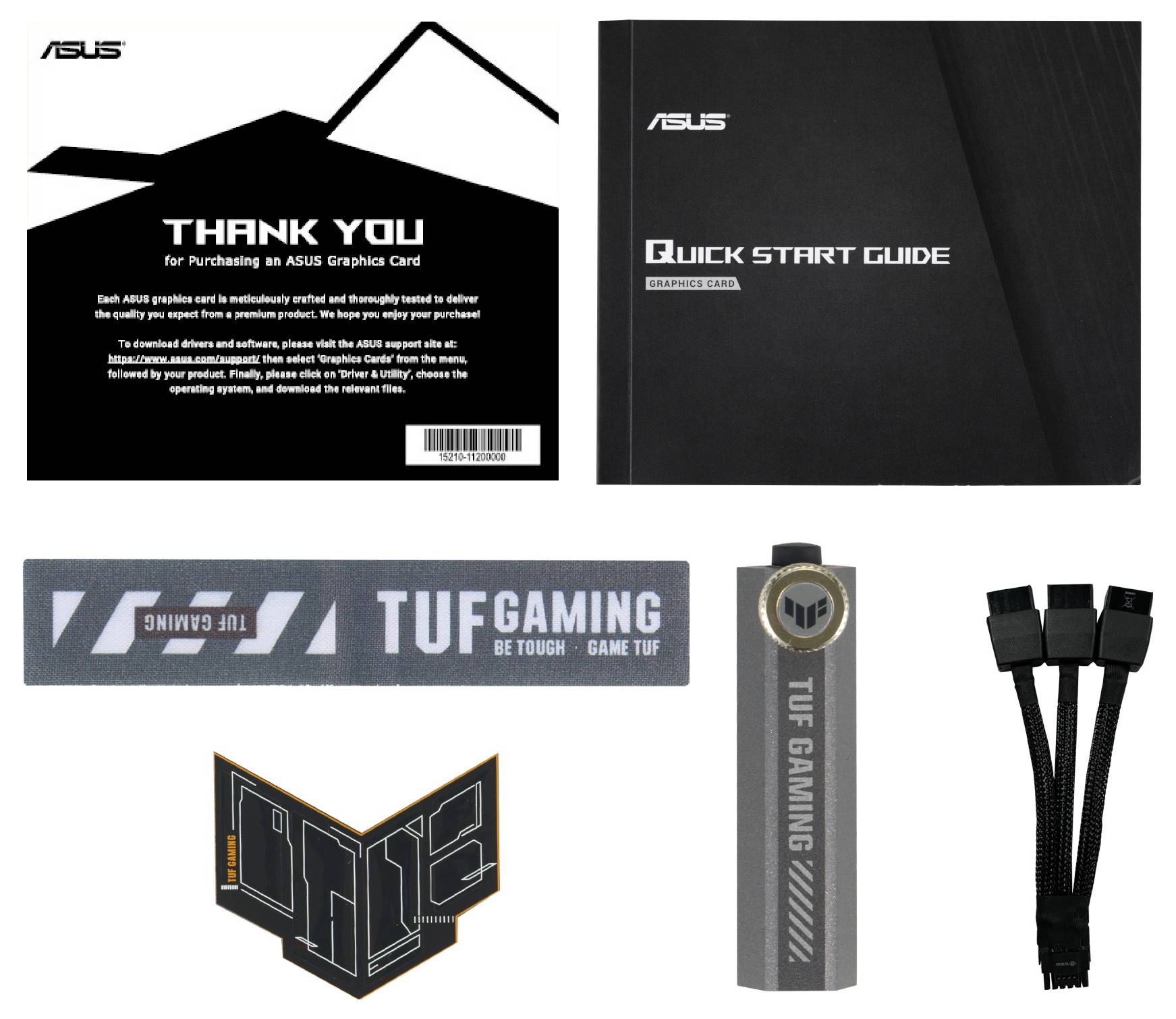 Inhalt einer ASUS-Grafikkarten-Verpackung: Schnellstartanleitung, Dankeskarte, TUF Gaming-Aufkleber, Kabel, Halterung.