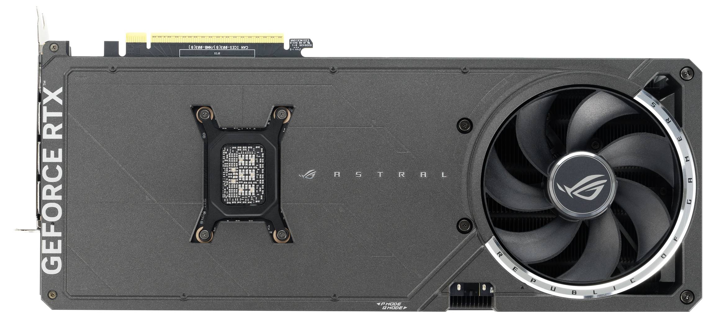 Eine Grafikkarte mit der Aufschrift 'GEFORCE RTX' und dem Logo von ROG. Sie hat einen großen Lüfter rechts und einen PCIe-Anschluss oben.