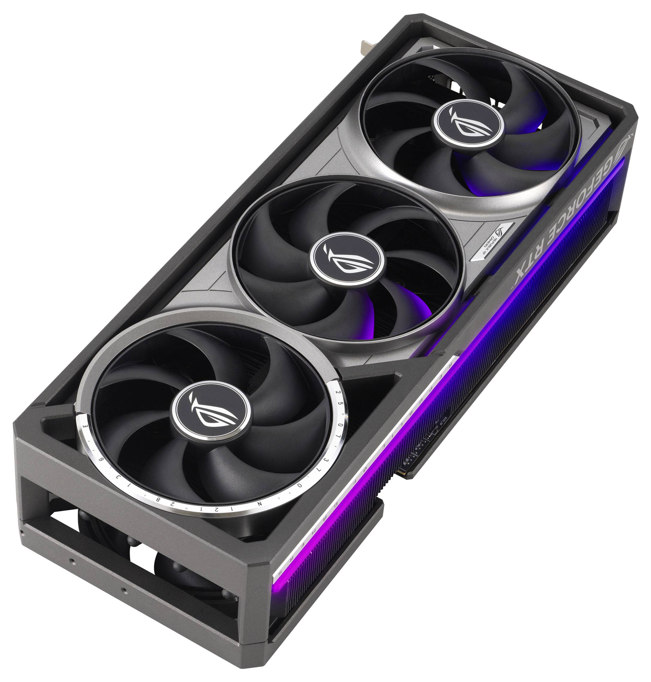 Eine Grafikkarte mit drei Lüftern und markanten RGB-Leuchten an den Seiten.