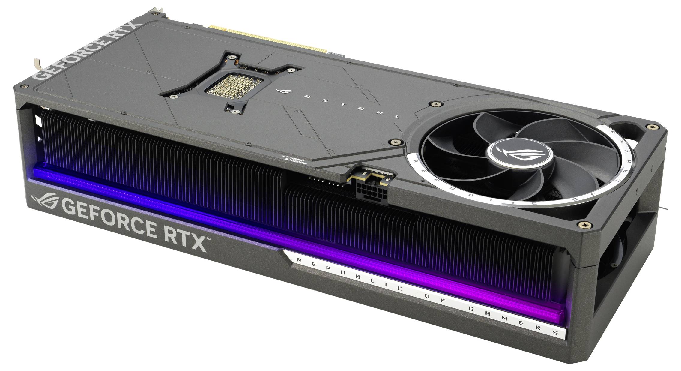 Grafikkarte mit der Aufschrift 'GEFORCE RTX' und 'REPUBLIC OF GAMERS', zeigt Lüfter, Stromanschluss und RGB-Beleuchtung.