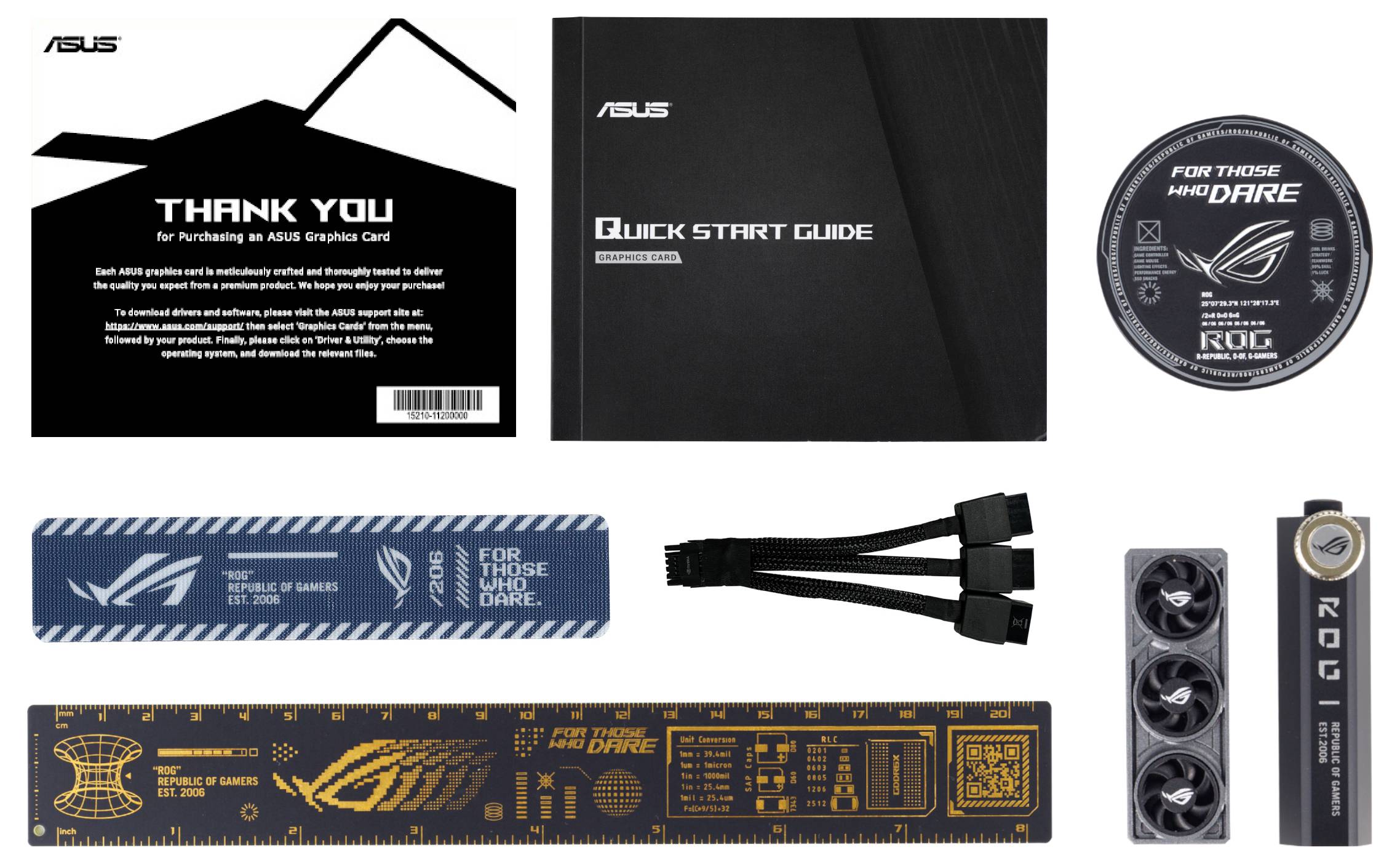 ASUS Grafikkarten-Paket mit Bedienungsanleitung, Kabeln und Zubehör wie Aufkleber und Lineal. Wichtige Informationen zur Installation.