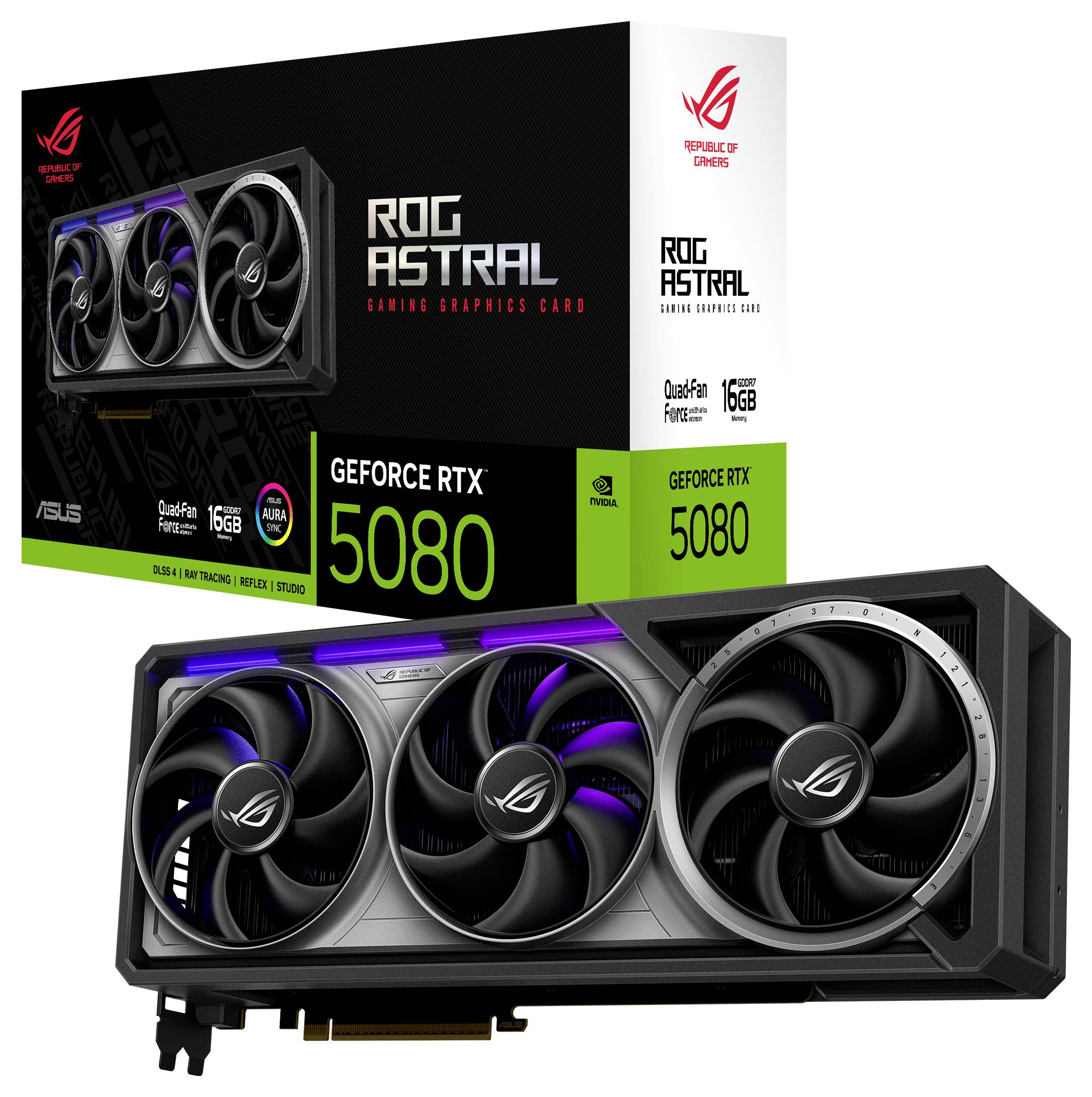 Grafikkarte Asus ROG Astral GeForce RTX 5080 mit drei Lüftern vor Verpackung. Aufschrift: '16GB GDDR6, Ray Tracing, DLSS 3'.