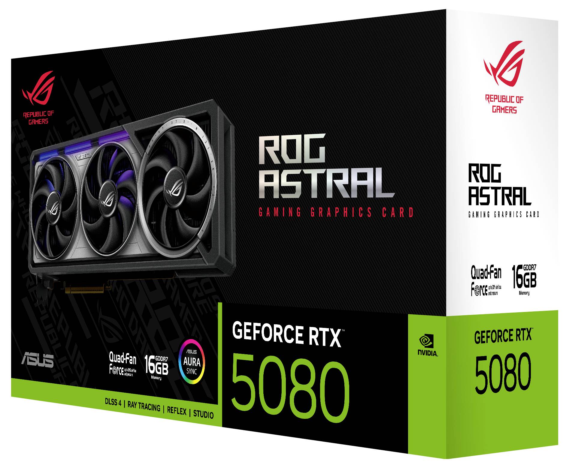 Verpackung einer 'ROG Astral Gaming Grafikkarte GeForce RTX 5080' mit Quad-Fan-Kühlung und 16GB Speicher. Republic of Gamers Logo.
