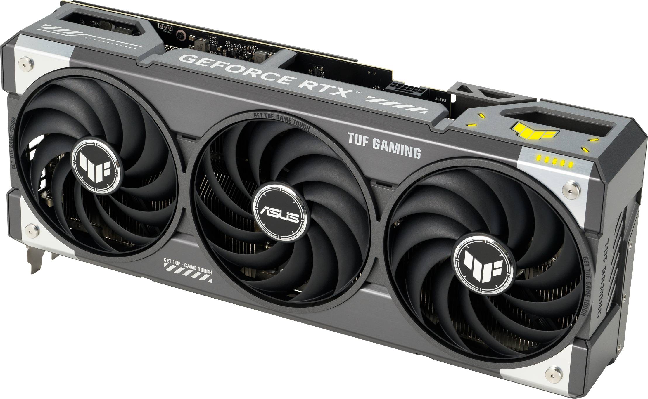 Eine 'GeForce RTX TUF Gaming' Grafikkarte mit drei Kühlventilatoren und markierten Logos auf dem Gehäuse.