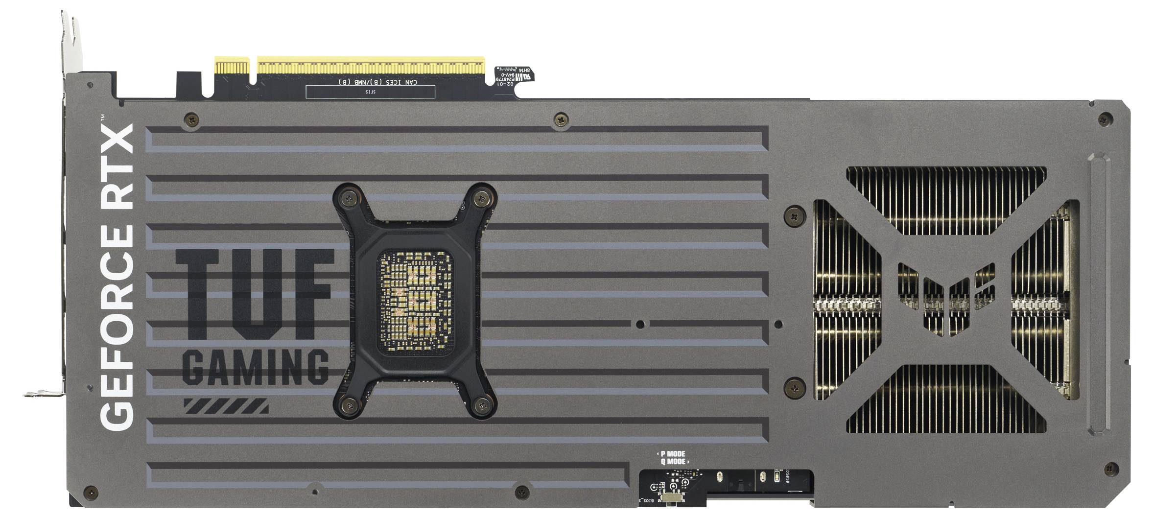 Rückseite einer Grafikkarte mit der Aufschrift TUF Gaming und GeForce RTX, mit sichtbaren Kühlkörpern und Anschlüssen.