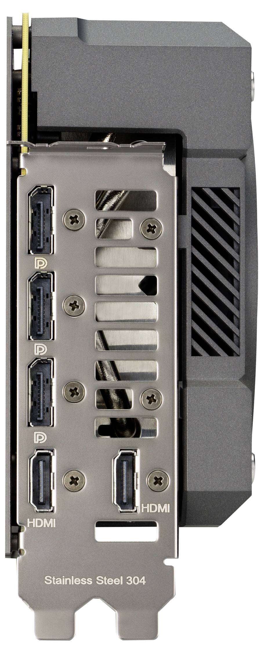 Grafikkartenanschlüsse mit drei DisplayPorts und zwei HDMI-Anschlüssen an einer Rückseite einer Grafikkarte, Edelstahlmaterial.