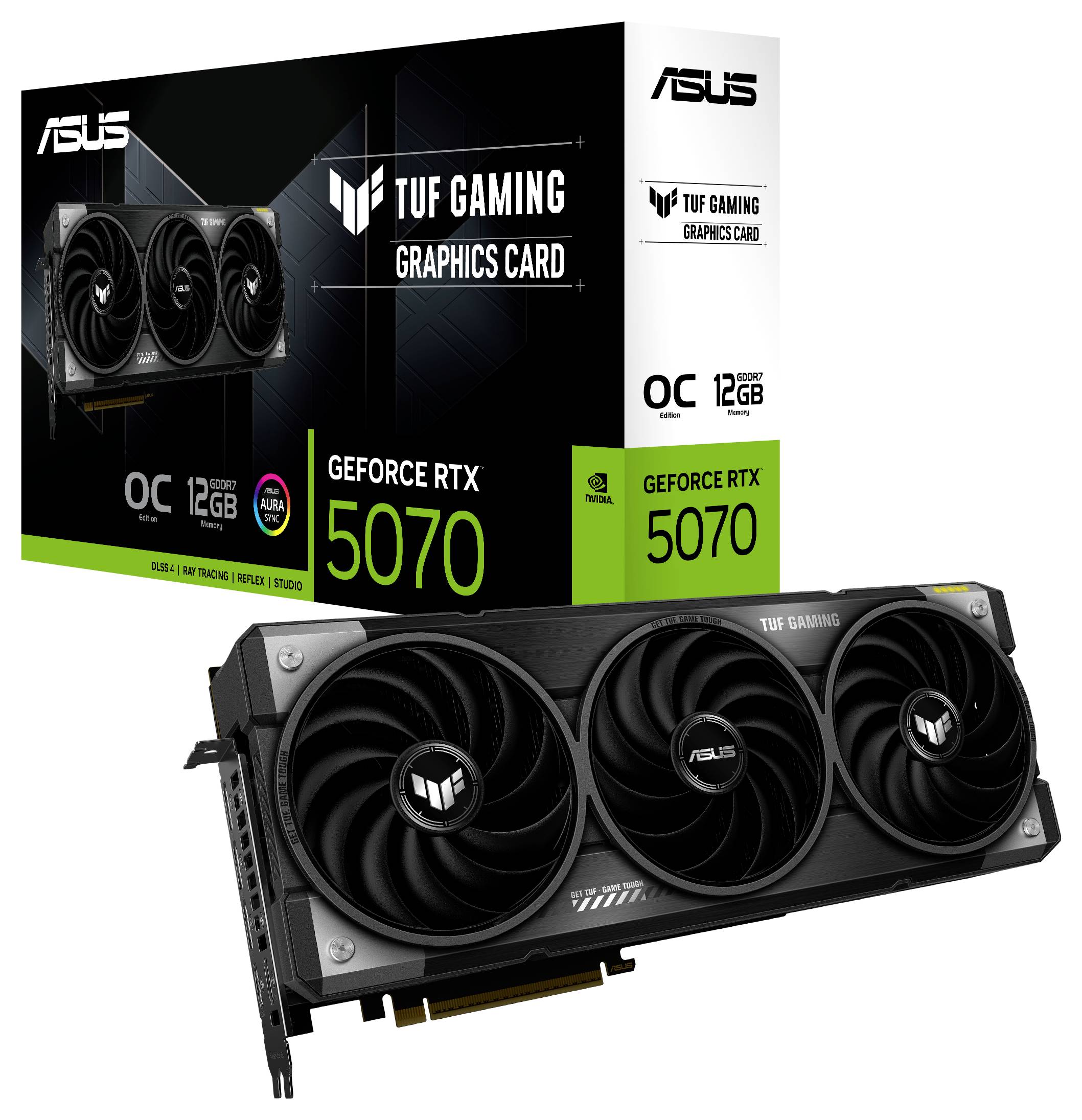 Eine Asus TUF Gaming Grafikkarte mit drei Lüftern, daneben die Verpackung mit der Aufschrift 'GeForce RTX 5070 OC 12GB'.