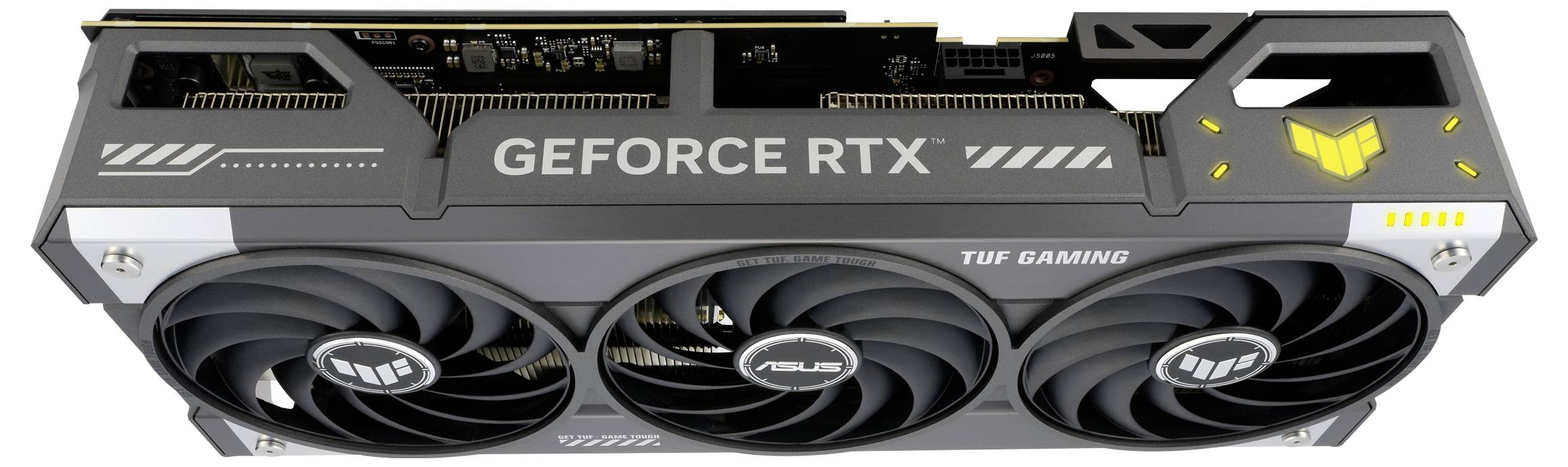 Eine Grafikkarte mit der Aufschrift 'GEFORCE RTX' und 'TUF GAMING'. Sie hat drei Lüfter und ein robustes, dunkles Gehäuse.