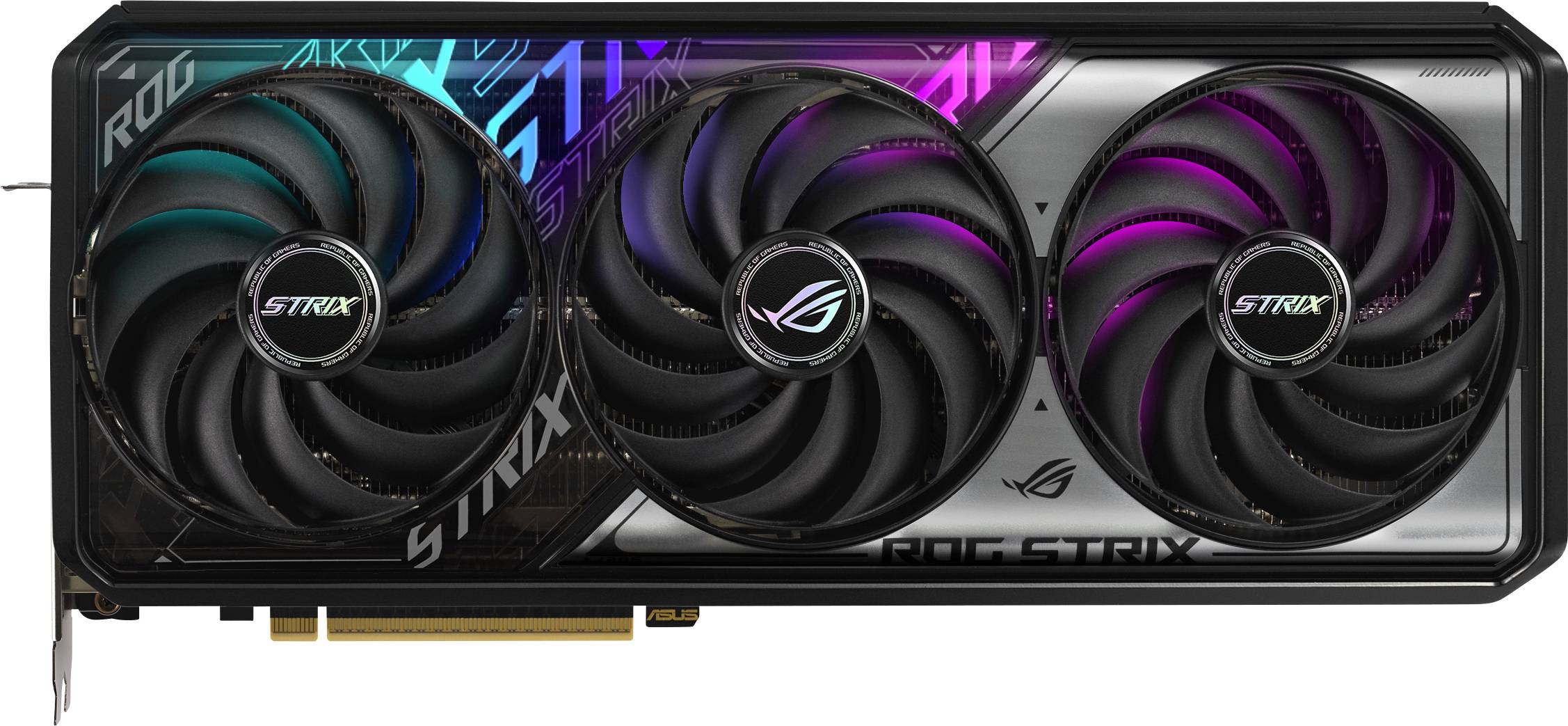 Dreifach-Lüfter-Grafikkarte mit RGB-Beleuchtung, Marke und Modell sind ROG Strix. Sie ist für leistungsstarke Computeranwendungen geeignet.