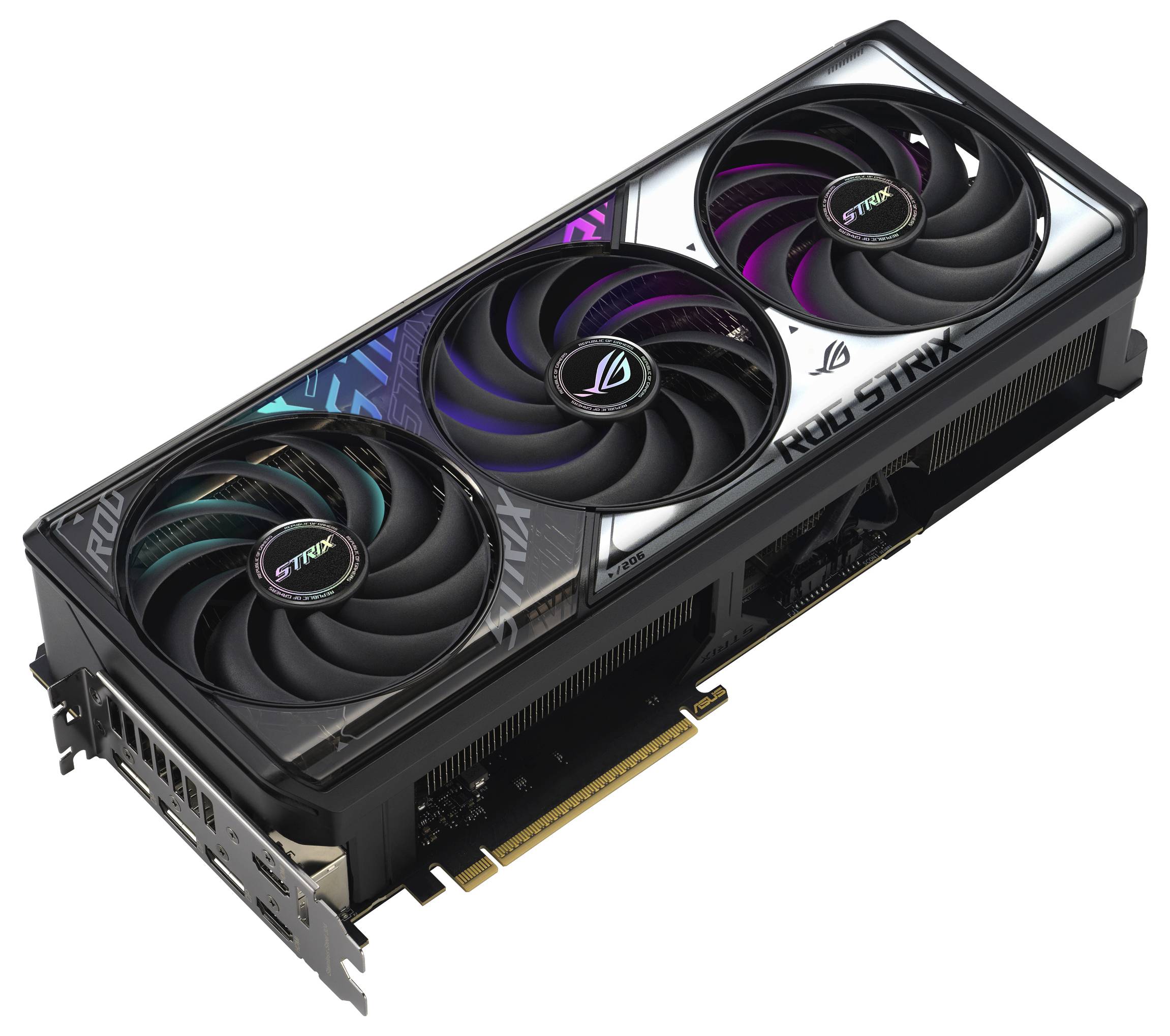 Eine schwarze Grafikkarte mit drei Lüftern und RGB-Beleuchtung, seitlich mit 'ROG STRIX' beschriftet, für leistungsstarke Computer.