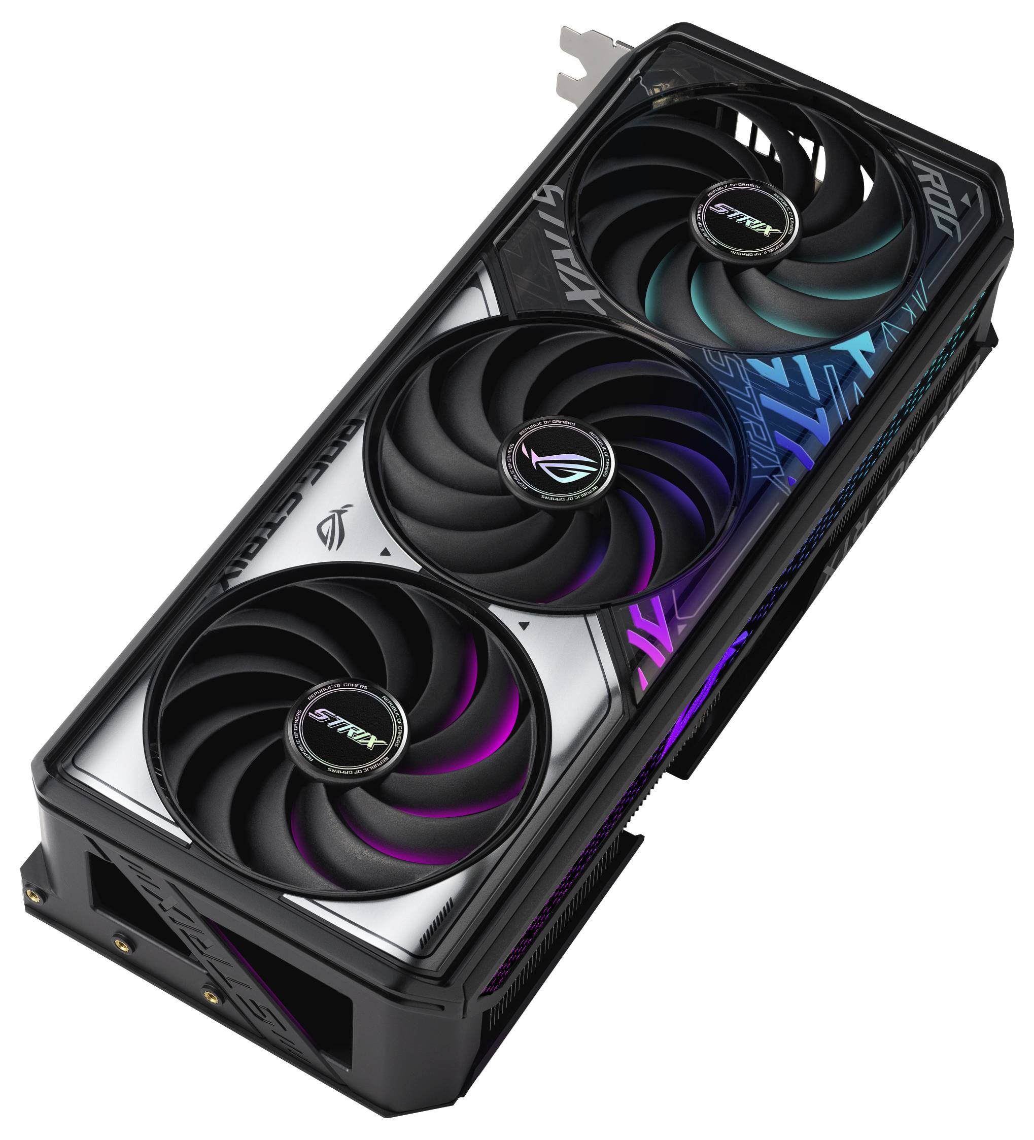 Dreifachlüfter-Grafikkarte mit RGB-Beleuchtung, Gehäuse in Schwarz mit markanten Markenlogos.