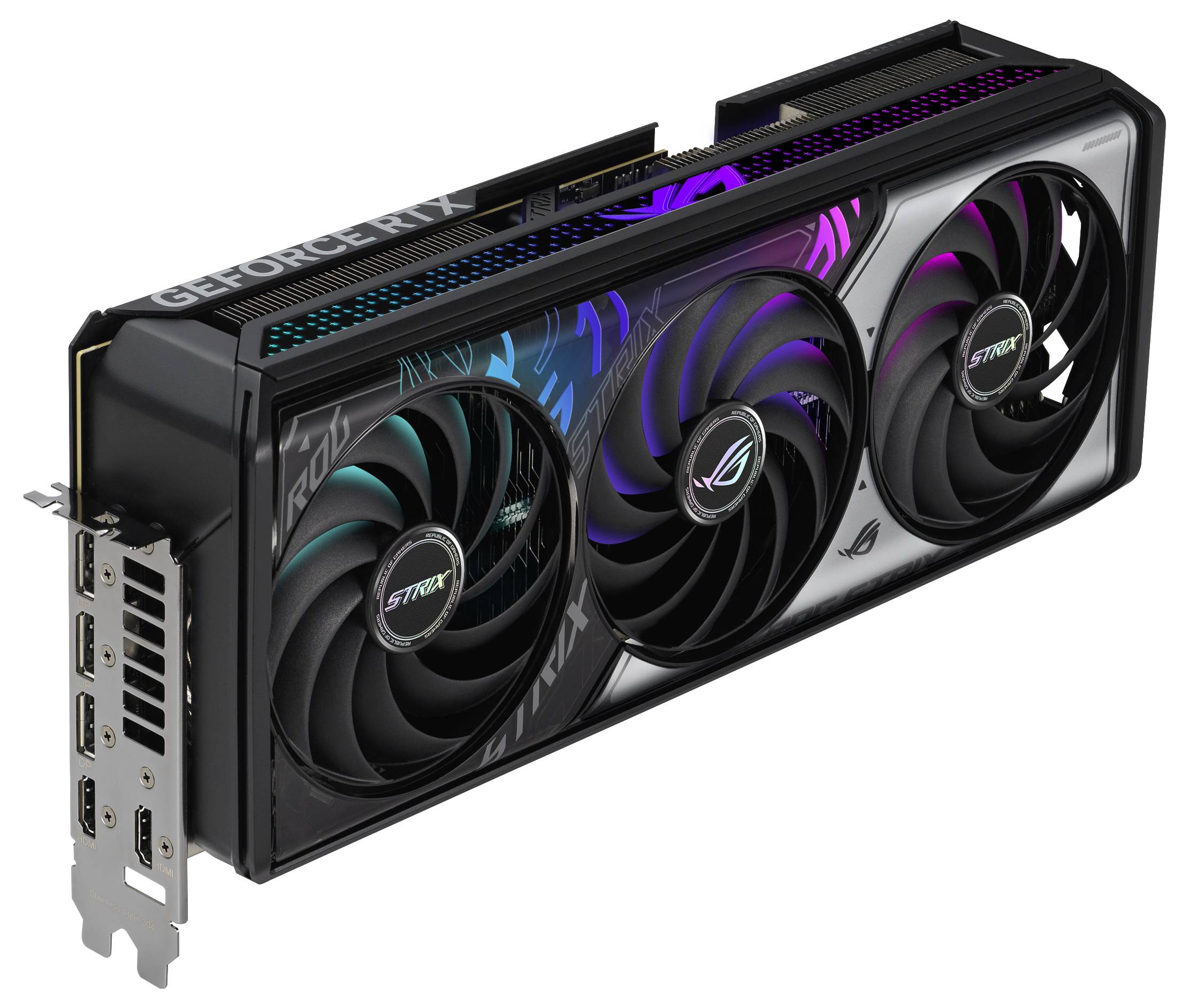 Eine Gaming-Grafikkarte mit drei Lüftern, RGB-Beleuchtung und mehreren Anschlüssen.