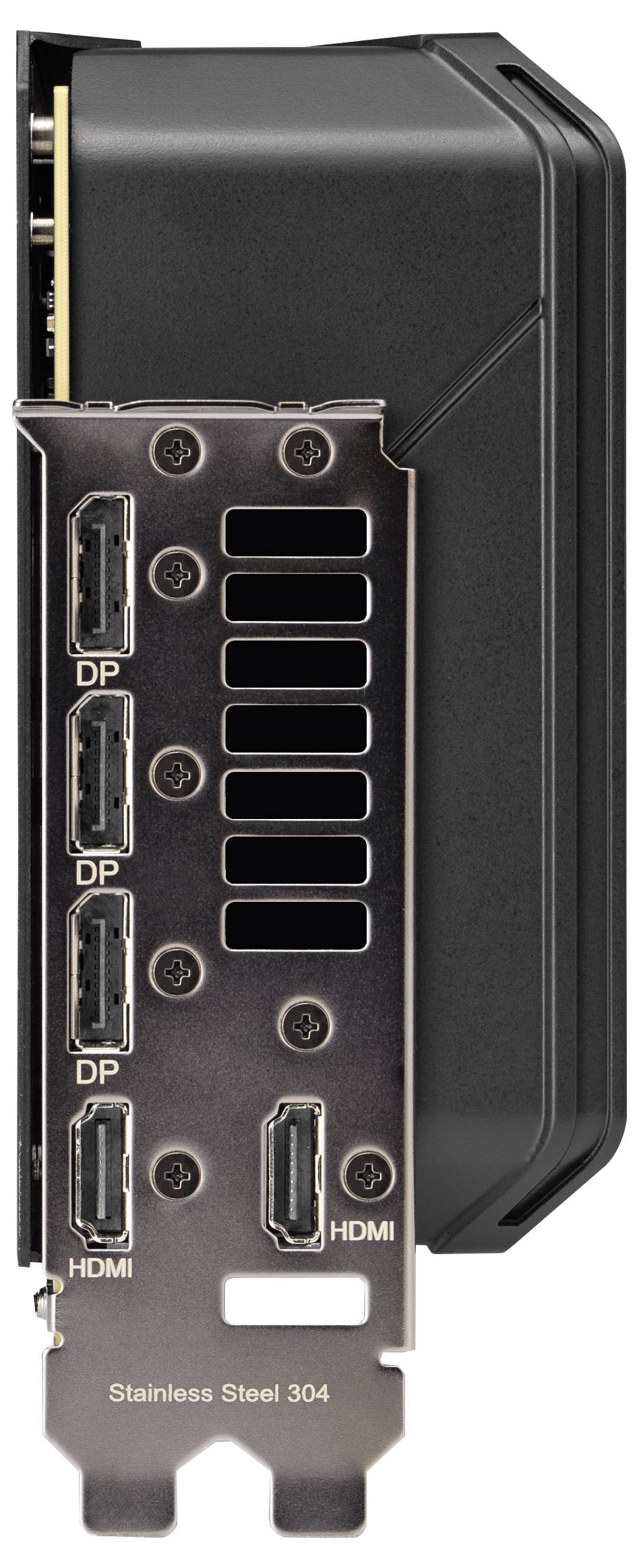 Rückansicht einer Grafikkarte mit mehreren DisplayPort- und HDMI-Anschlüssen, Gehäuse aus Edelstahl 304.