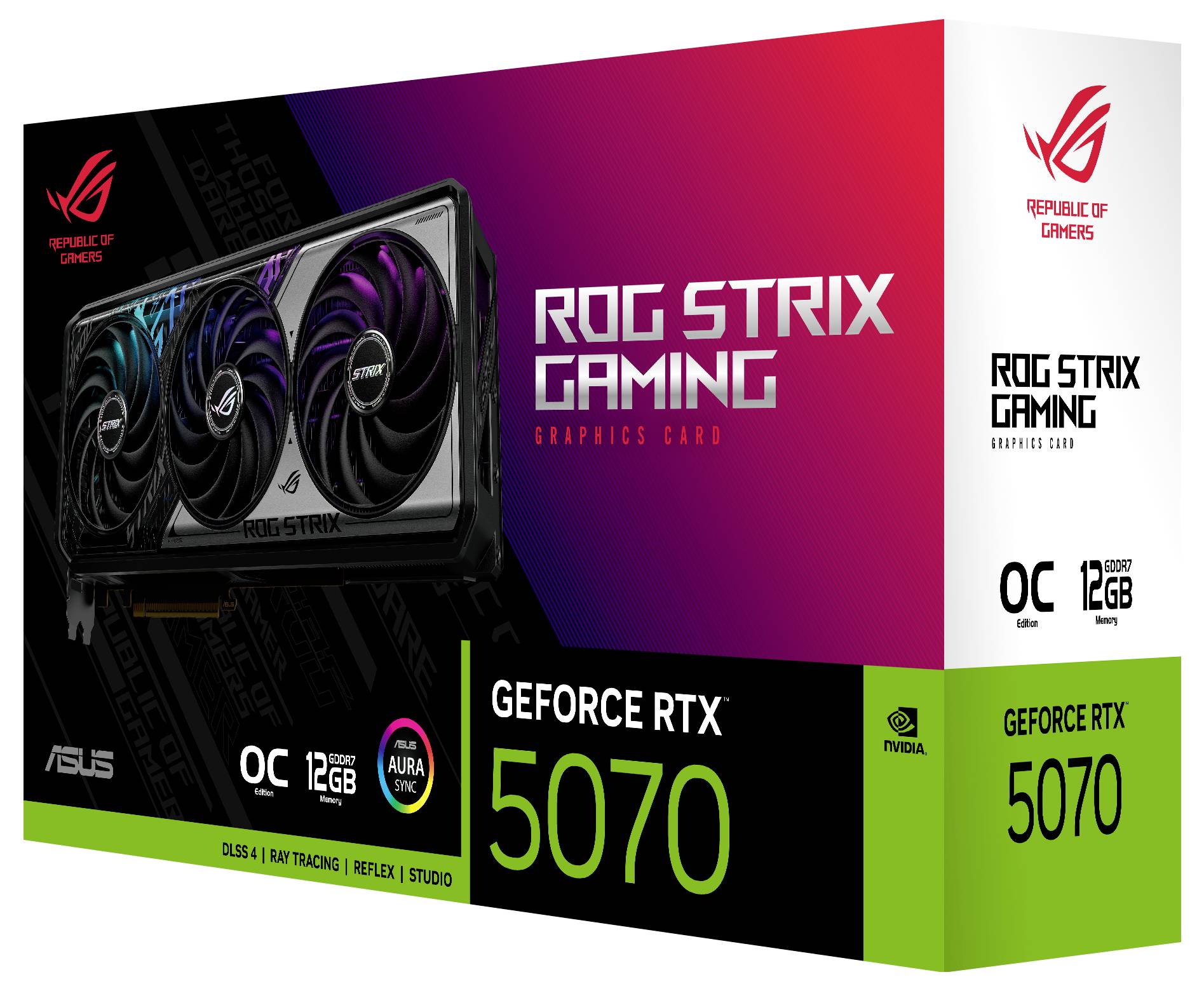 'ROG Strix GeForce RTX 5070 Grafikkarte', OC, 12GB, DLSS 4, mit Bild der Karte, ASUS, Republic of Gamers Logo.