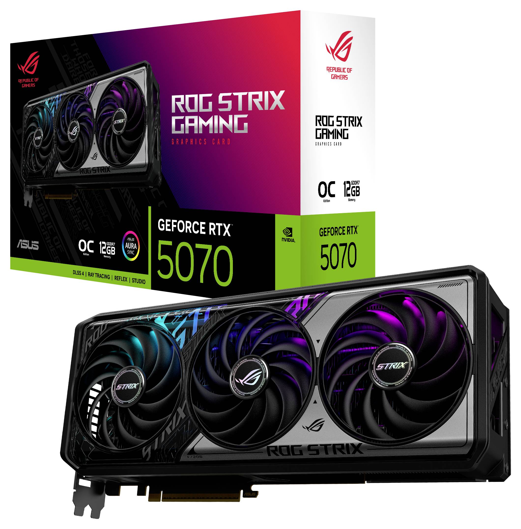 GeForce RTX 5070 ROG Strix Gaming Grafikkarte, 12 GB Speicher, mit dreifachem Lüfterdesign und RGB-Beleuchtung. Verpackung und Produkt abgebildet.