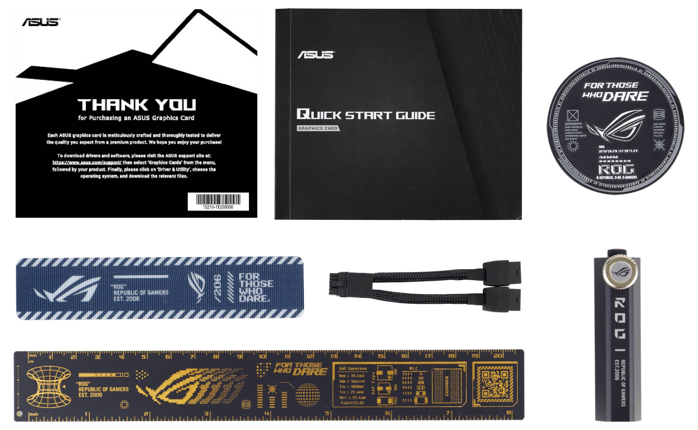 ASUS Grafikkarten-Zubehör: Danksagungskarte, Schnellstartanleitung, runde Aufkleber, Verlängerungskabel, Flaschenöffner, Lineal.
