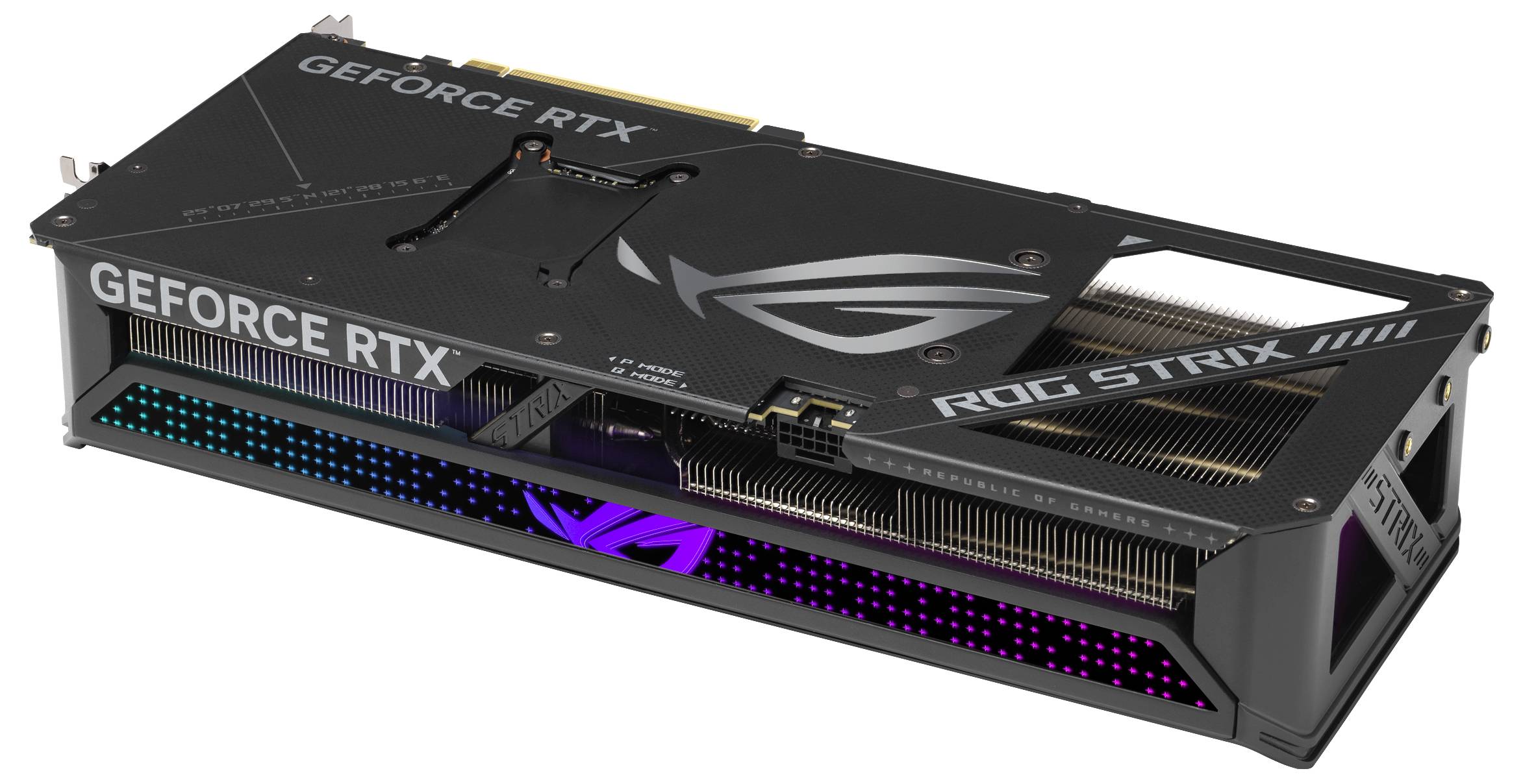 Grafikkarte ASUS ROG Strix GeForce RTX, schwarz, mit Lüfter und RGB-Beleuchtung.