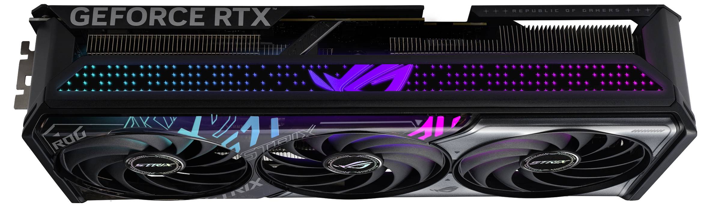 Grafikkarte von oben gesehen mit drei Lüftern und RGB-Beleuchtung, die 'GEFORCE RTX' und ein neonfarbenes Logo zeigt.