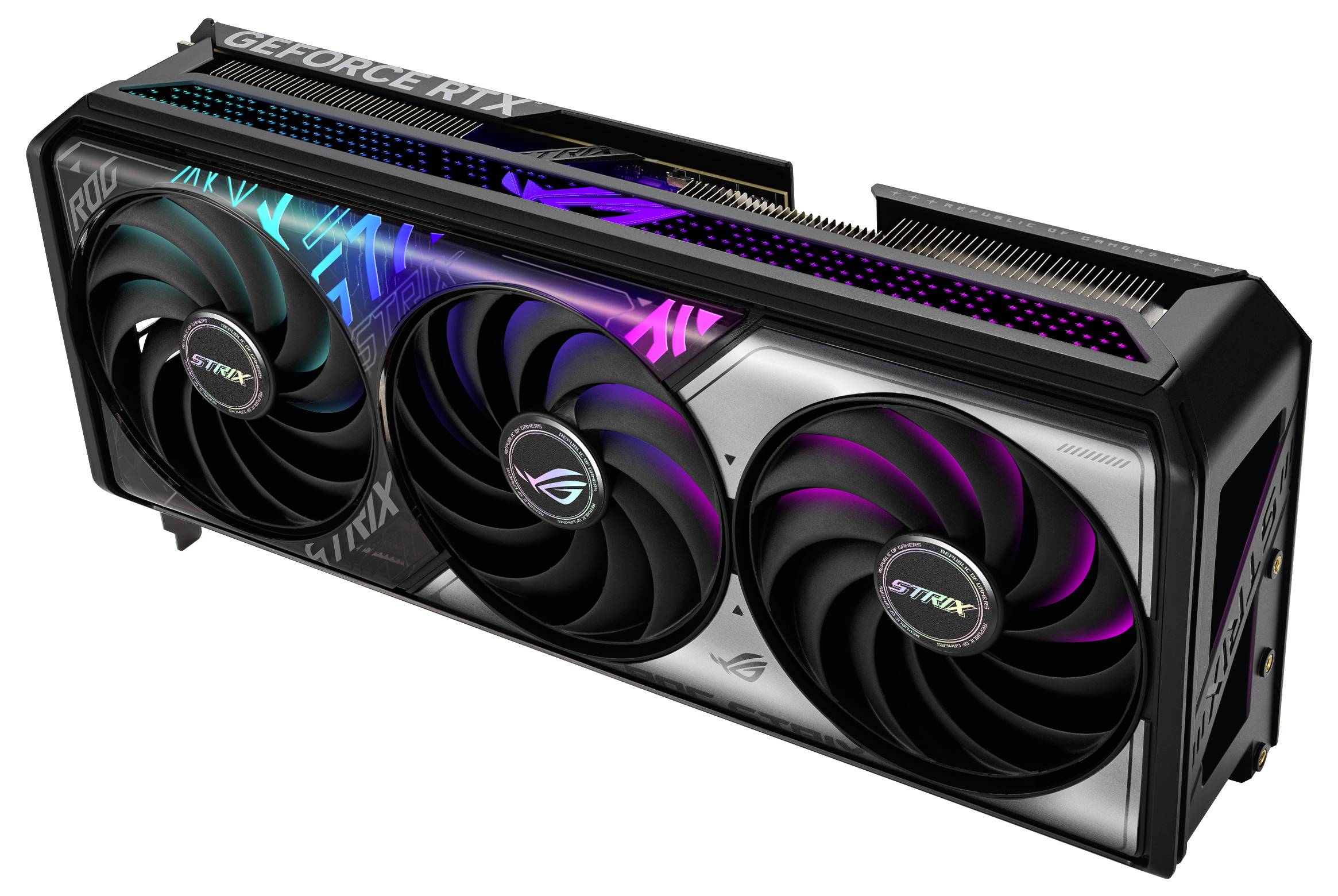 Grafikkarte mit drei Lüftern, RGB-Beleuchtung, und 'ROG STRIX'-Branding. Entworfen für leistungsfähiges Gaming und Grafikprozessierung.