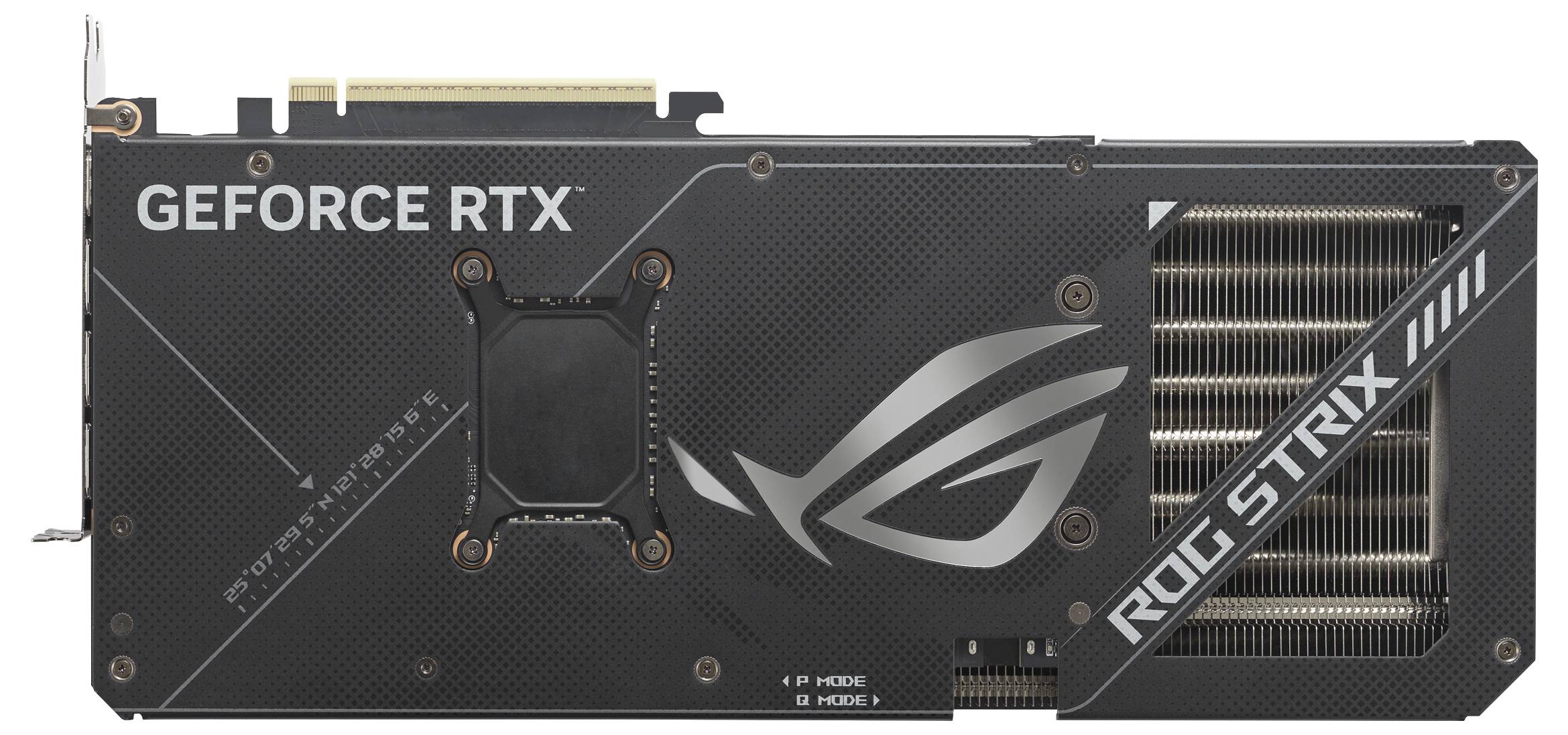 Eine 'Geforce RTX ROG STRIX' Grafikkarte in Schwarz mit weißem Logo und Schriftzug. Sichtbar sind Kühlschlitze und Anschlüsse.