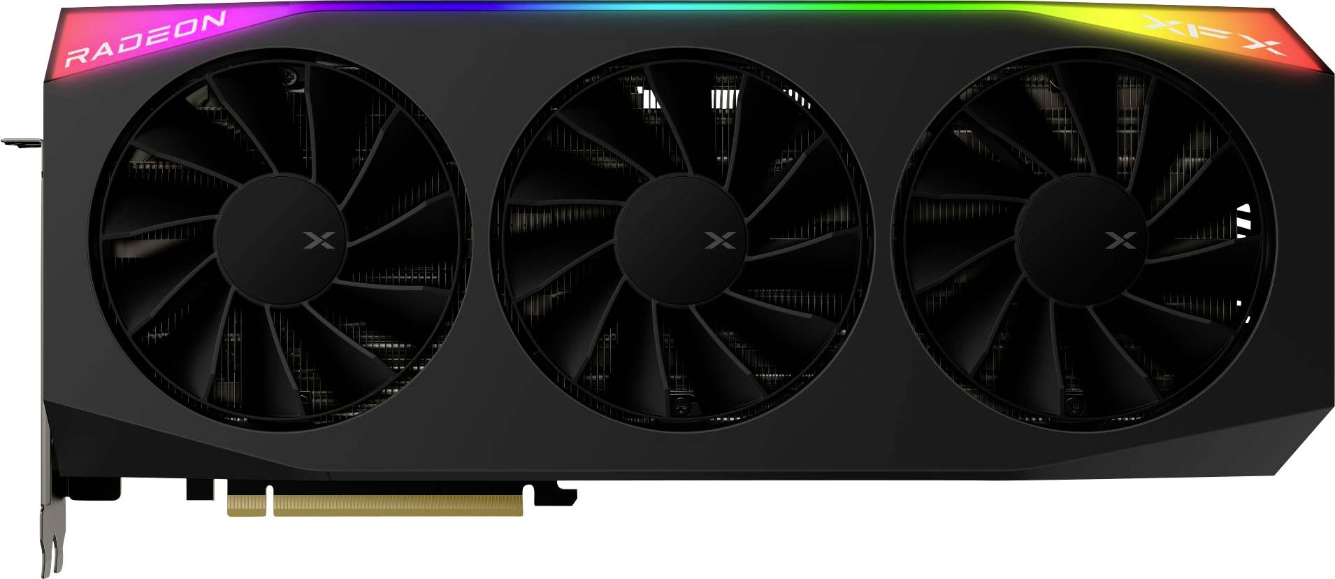 Eine schwarze Grafikkarte mit drei großen Kühlventilatoren, RGB-Beleuchtung am Rand und dem Markennamen 'Radeon' und 'XFX', der auf dem Rahmen gedruckt ist.