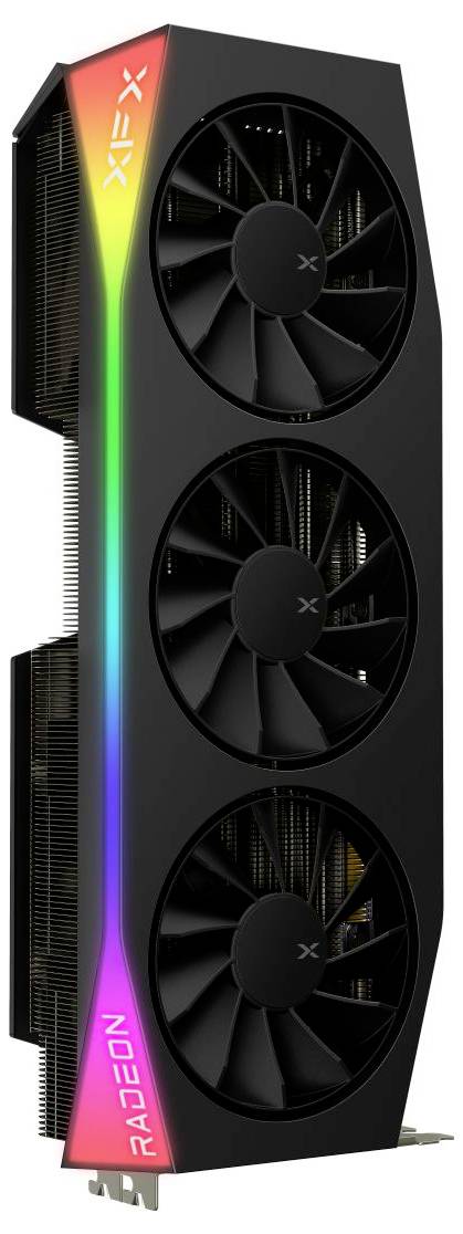 Eine Grafikkarte mit drei Kühlventilatoren und einem Regenbogen-LED-Streifen an der Seite, auf dem 'XFX' und 'RADEON' angezeigt werden.