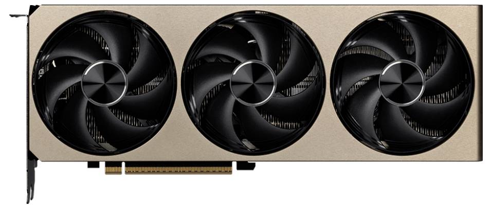 Eine Grafikkarte mit drei großen Kühlventilatoren an der Front, ausgestattet mit einer metallischen Oberfläche und einem PCIe-Anschluss zur Installation.