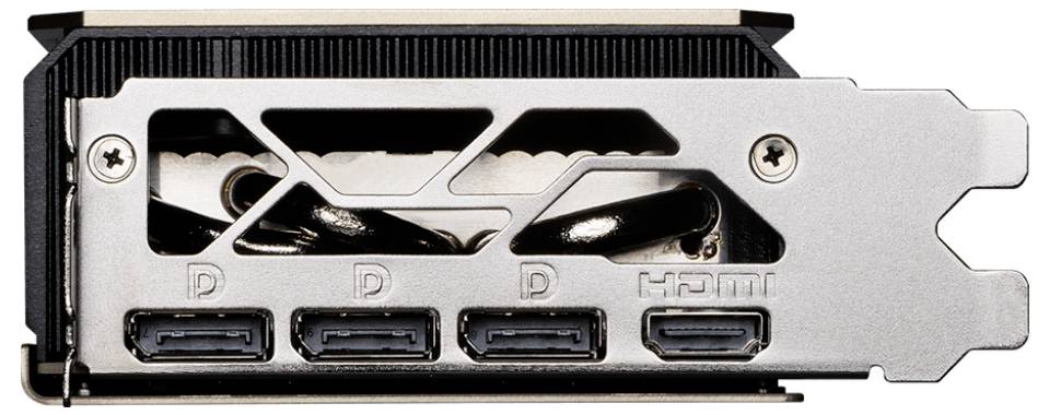 Rückseite einer Grafikkarte mit einem HDMI-Anschluss und drei horizontal angeordneten DisplayPort-Anschlüssen.